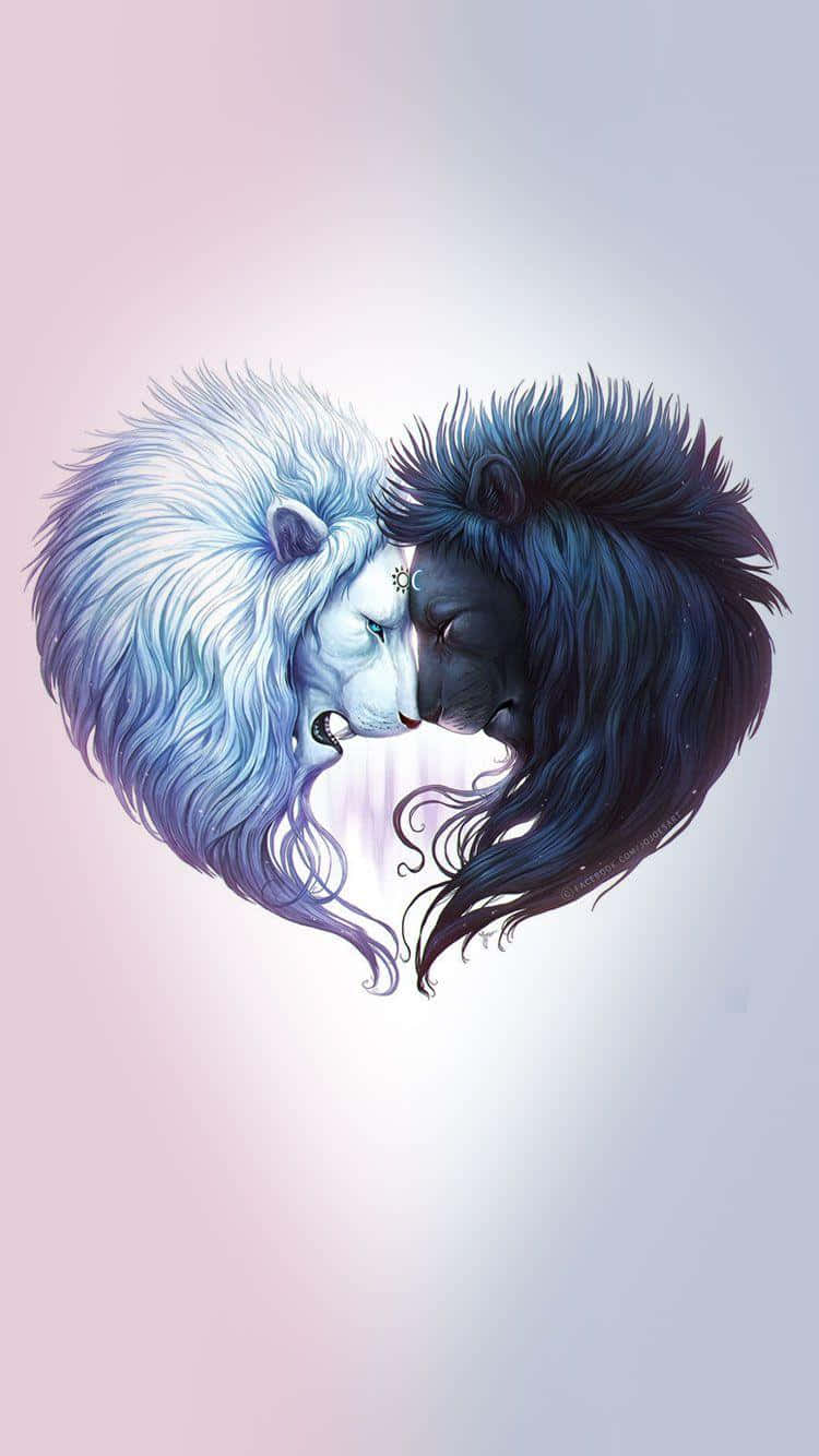 Two Lions In A Heart Shape Background