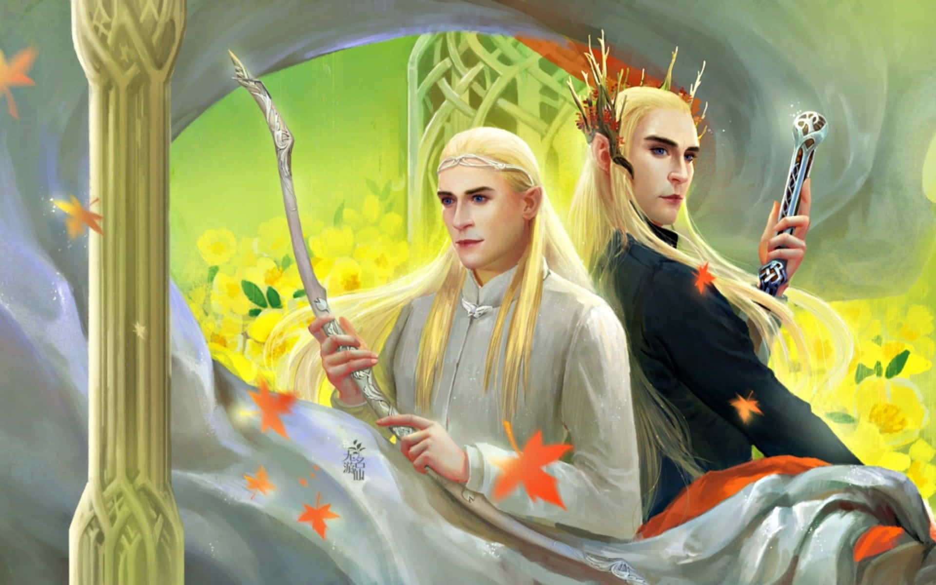 Two Lord Of The Rings Characters With Long Hair And A Sword Background