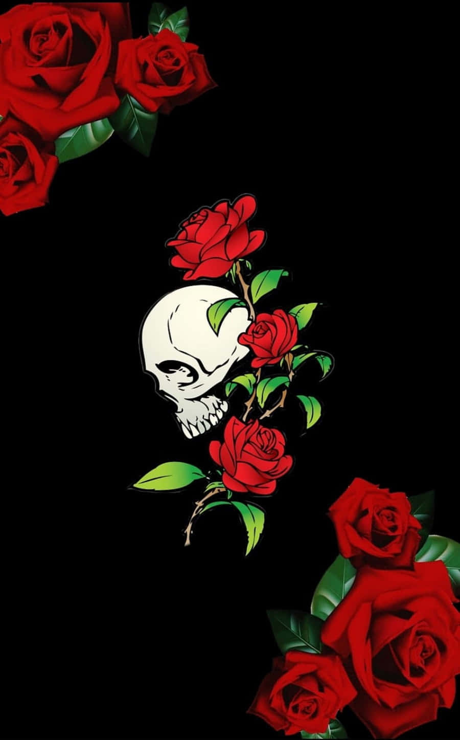 Two Lovers Making Love Amidst Skulls And Roses Background