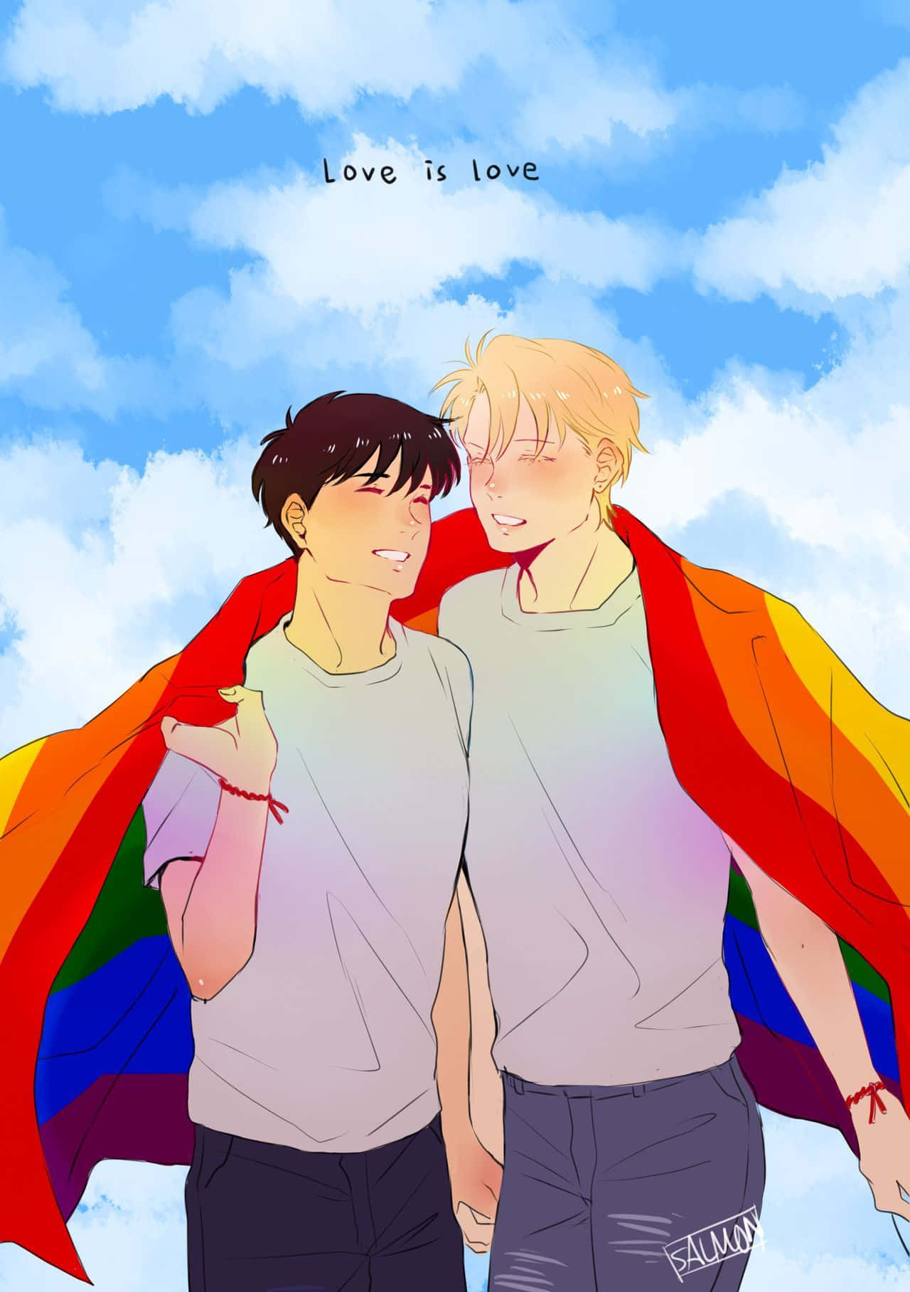 Two Men Holding A Rainbow Flag In The Sky Background