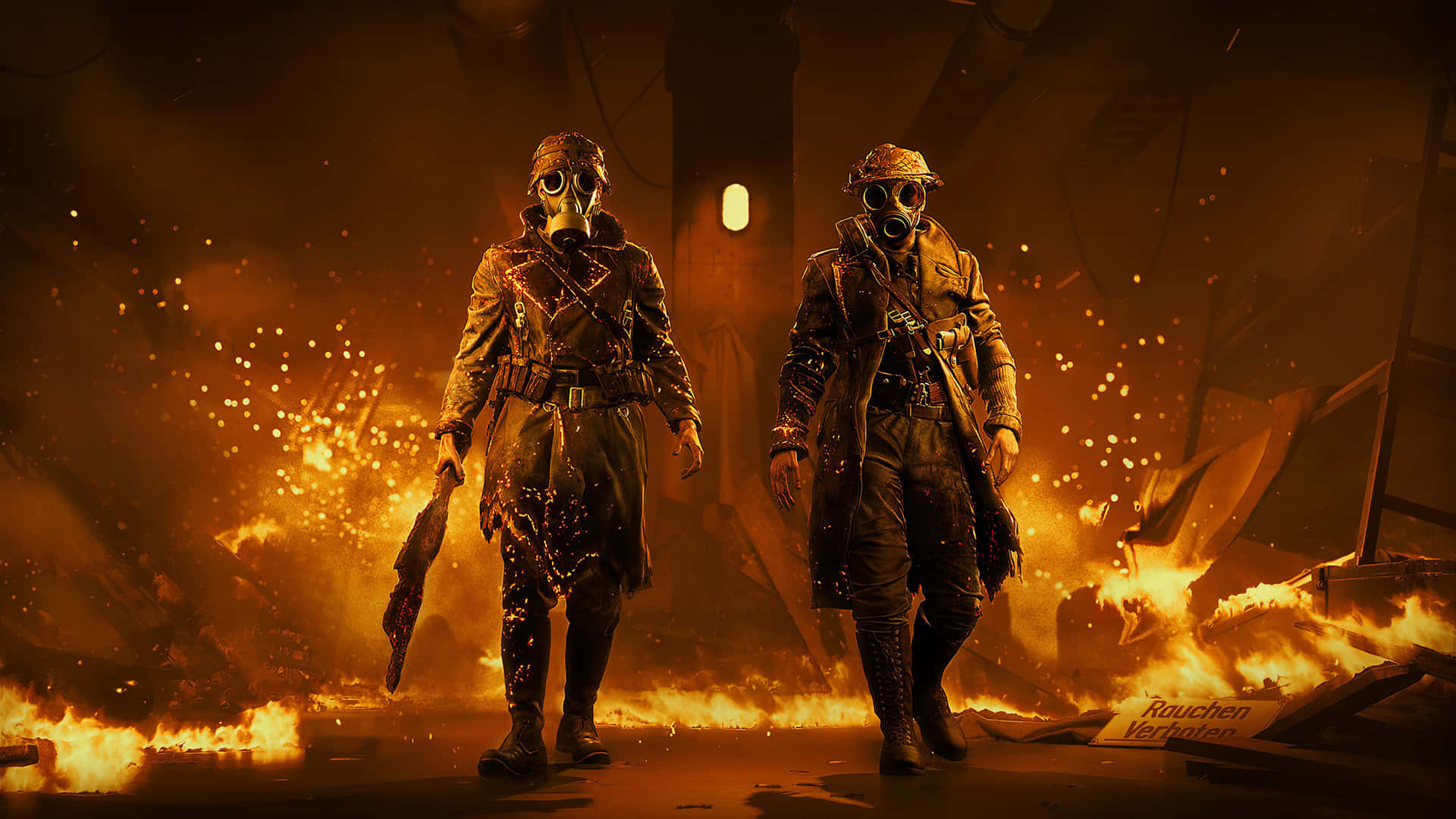 Two Men In Armor Standing In Front Of Fire Background