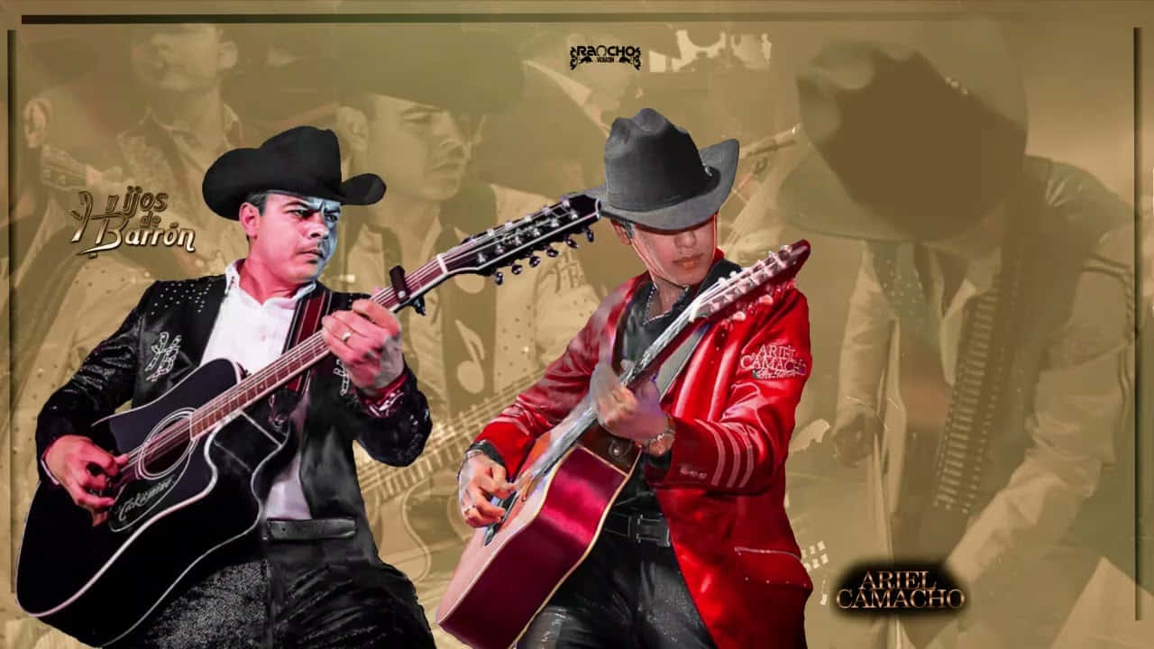 Two Men In Cowboy Hats Playing Guitars Background