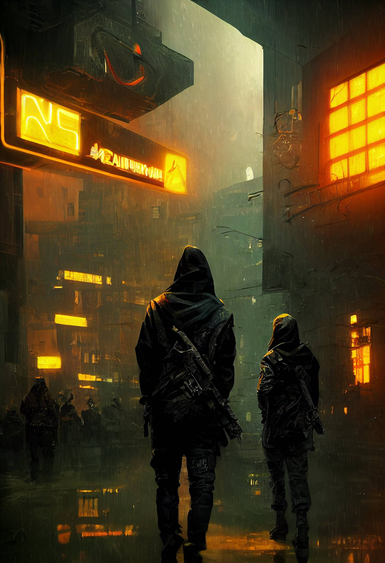 Two Men Walking Down A City Street At Night Background