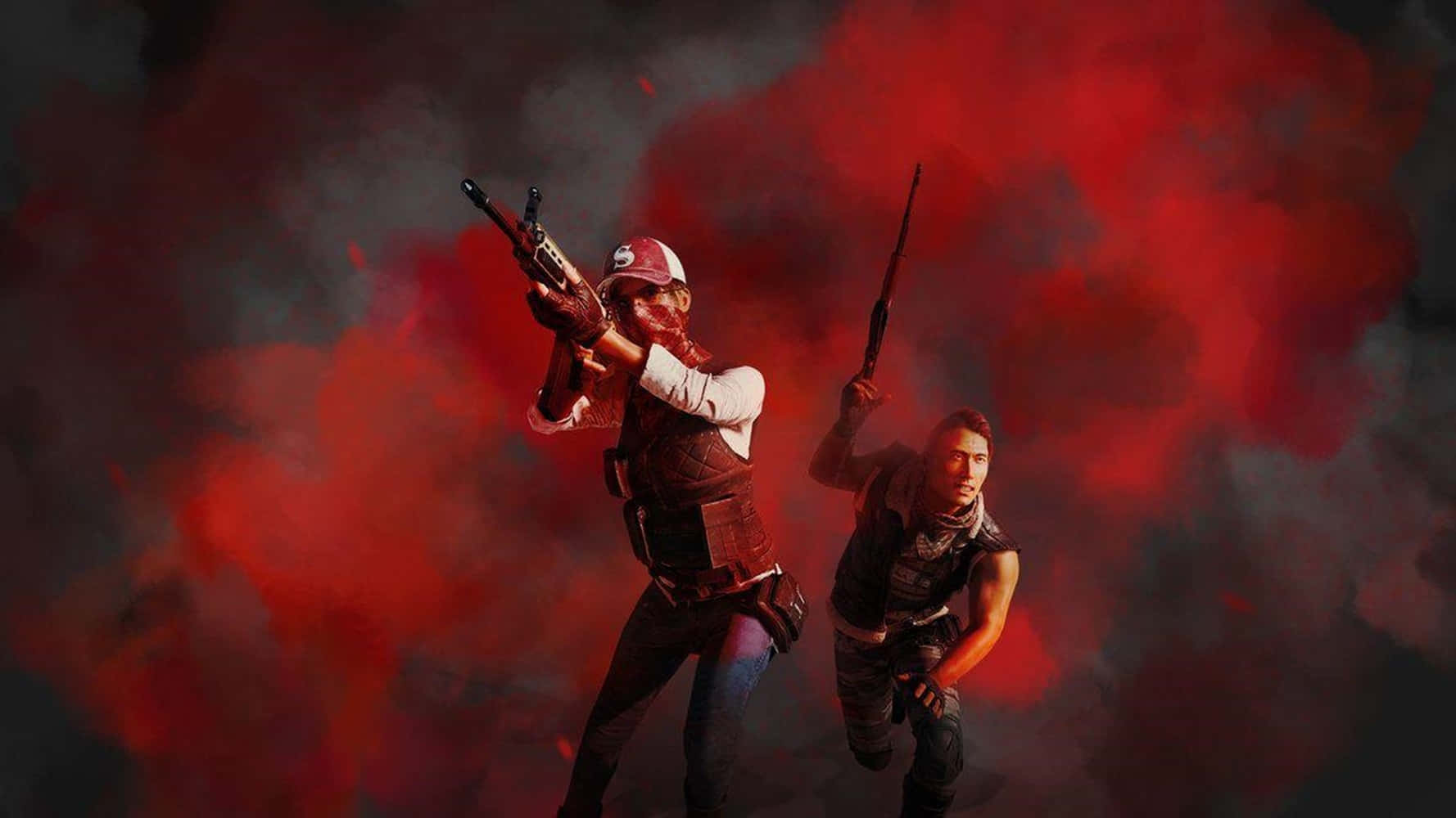 Two Men With Guns In Front Of A Red Background Background
