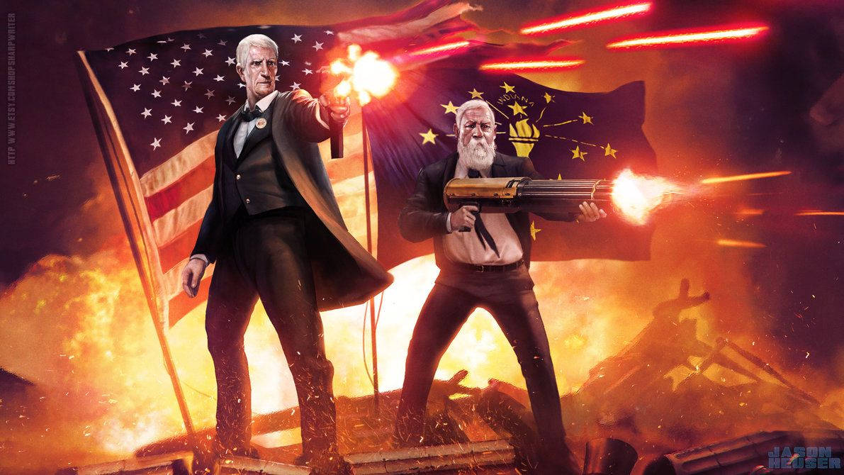 Two Men With Guns In Front Of An American Flag