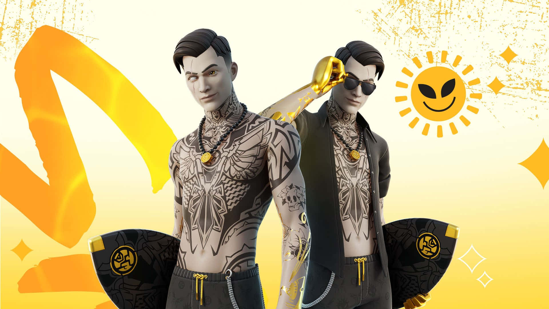 Two Men With Tattoos And Sunglasses Standing Next To Each Other Background