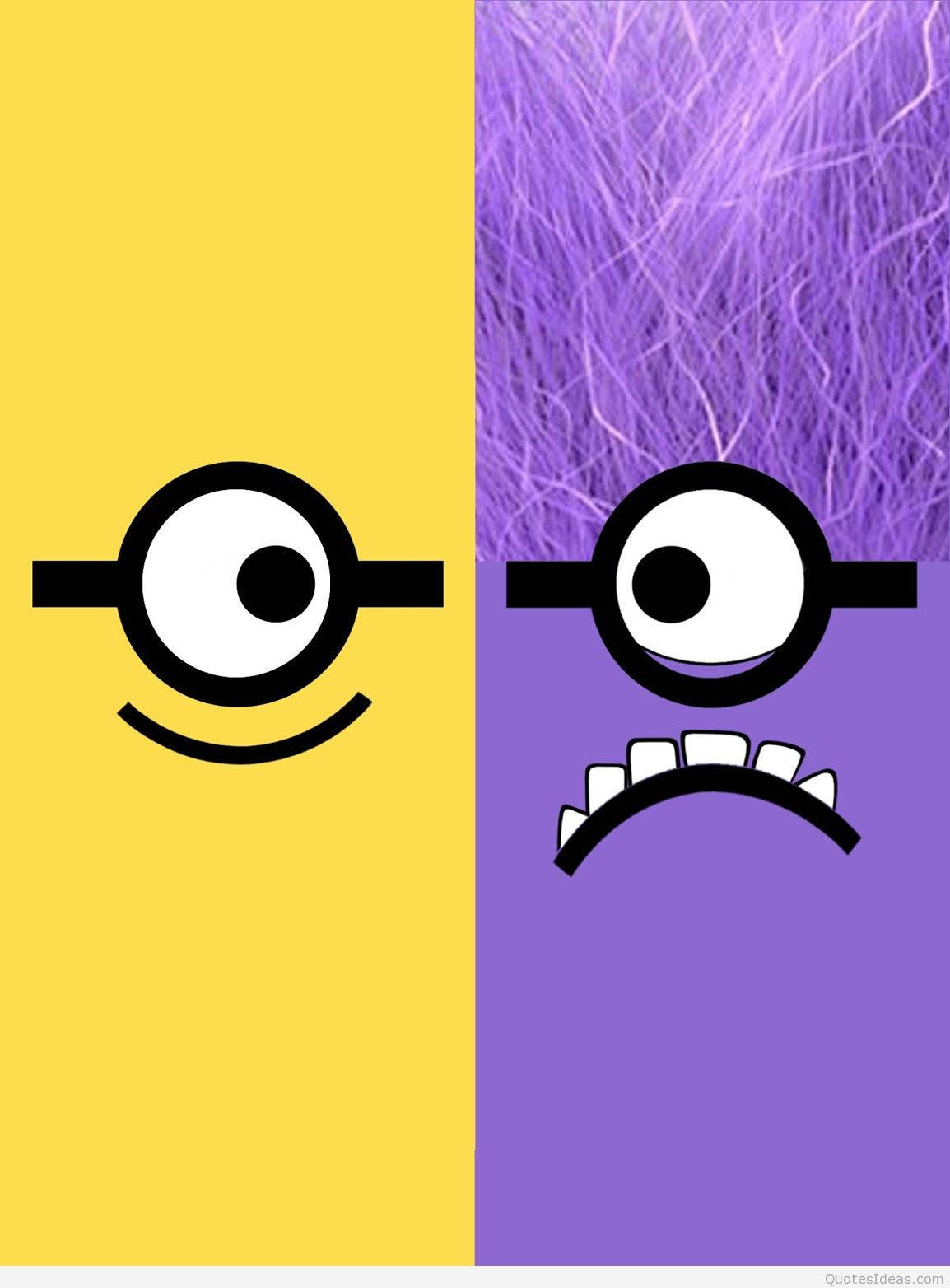 Two Minions With Purple Hair And Yellow Eyes