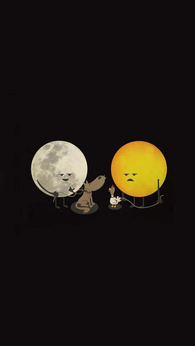 Two Moons And A Dog Standing Next To Each Other Background