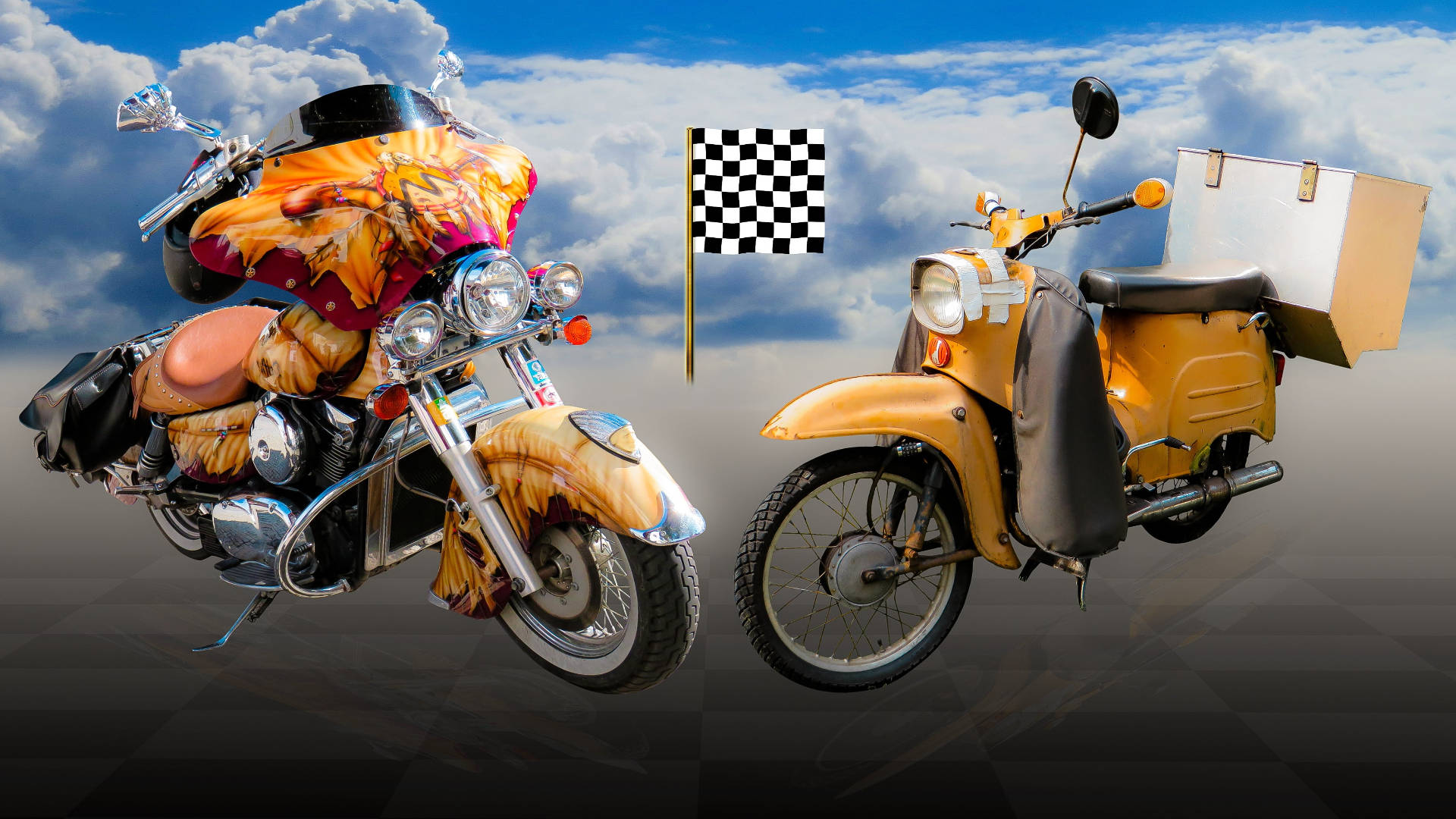 Two Motorcycles With Checkered Flag Background