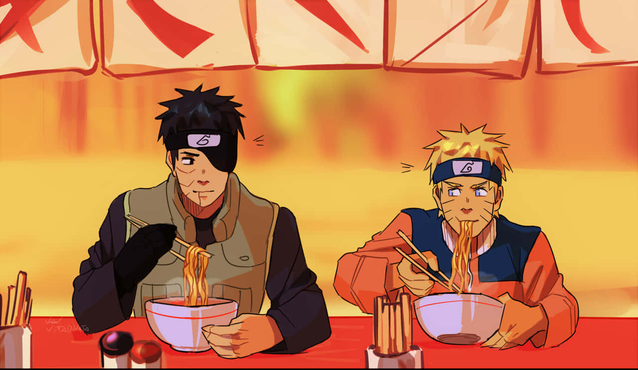 Two Naruto Characters Eating Noodles At A Table Background
