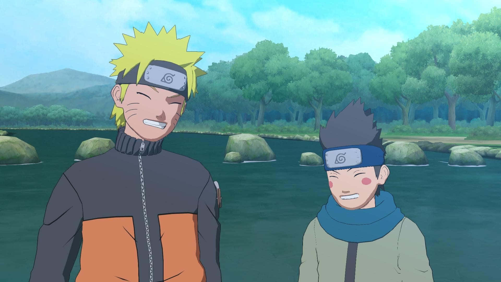 Two Naruto Characters Standing Next To A River Background
