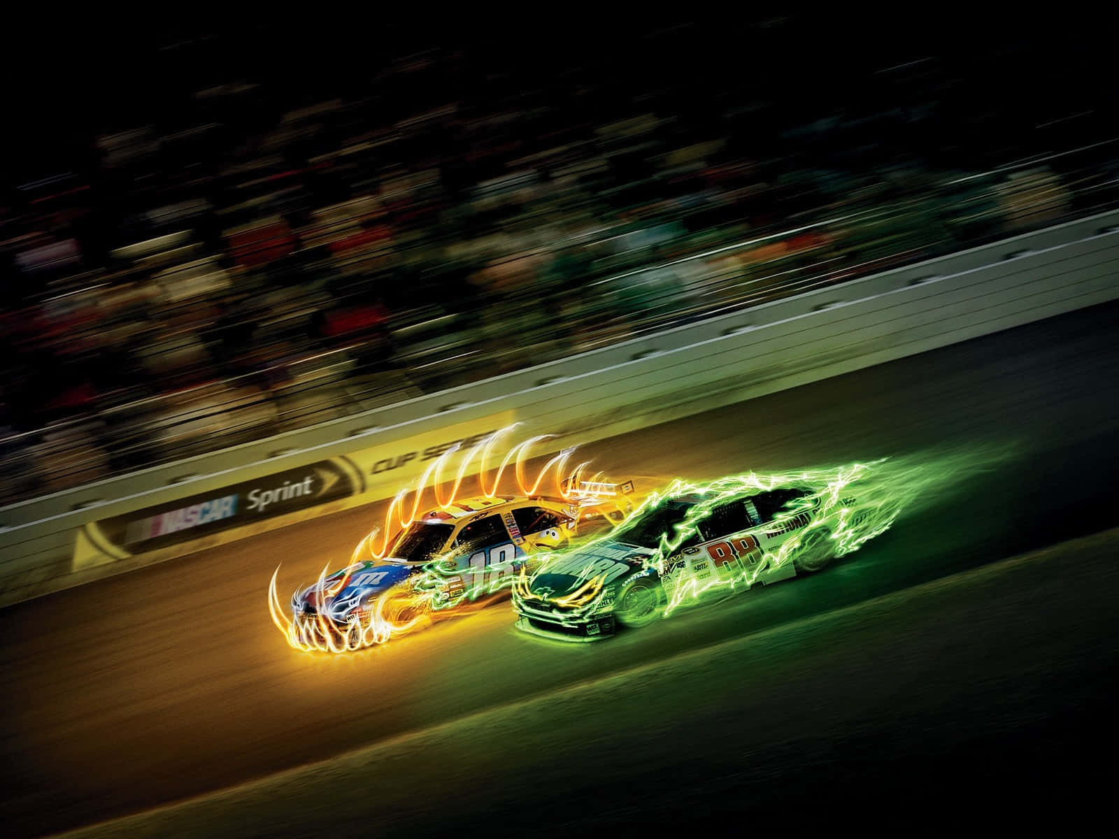 Two Nascar Cars In Flames On A Track Background