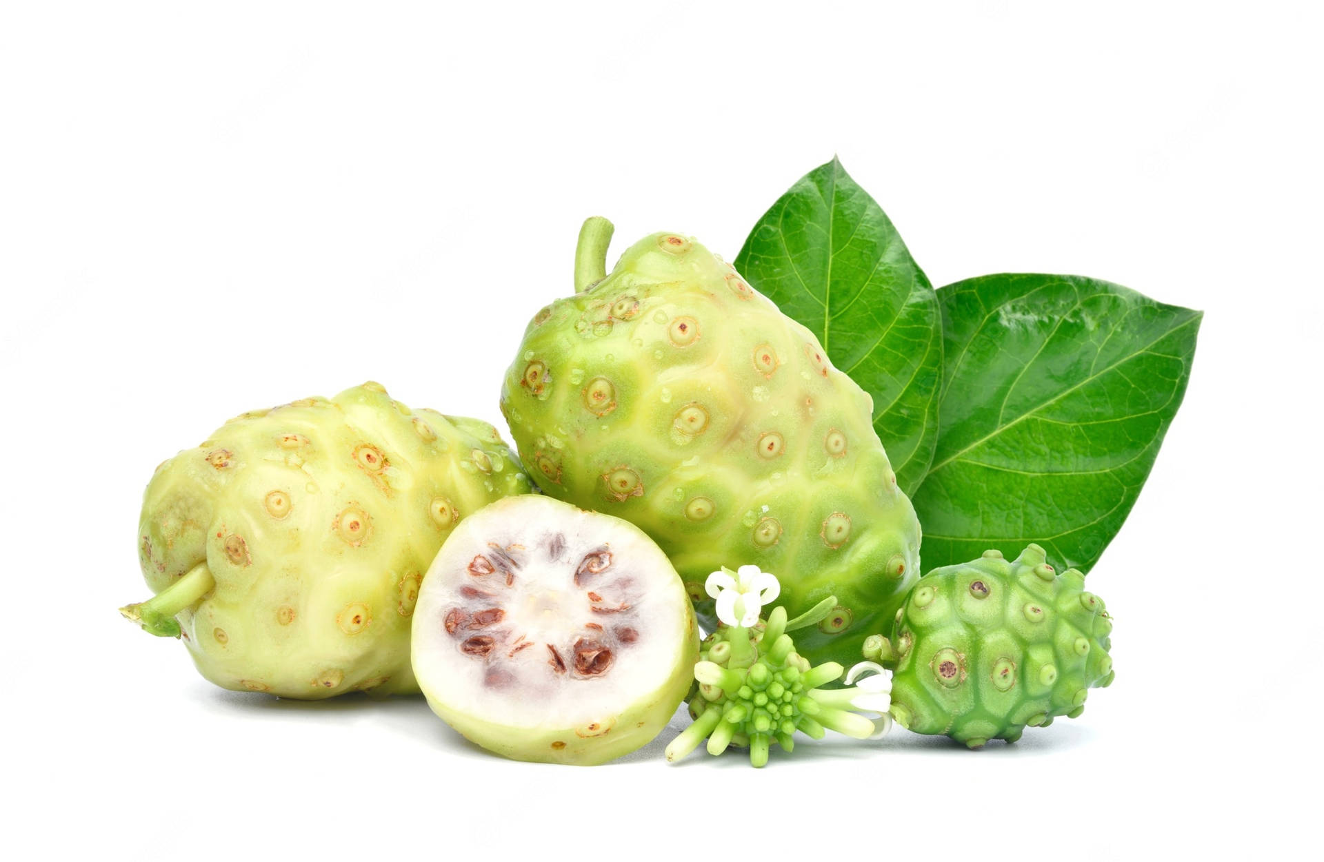 Two Noni Fruits With Leaves Background