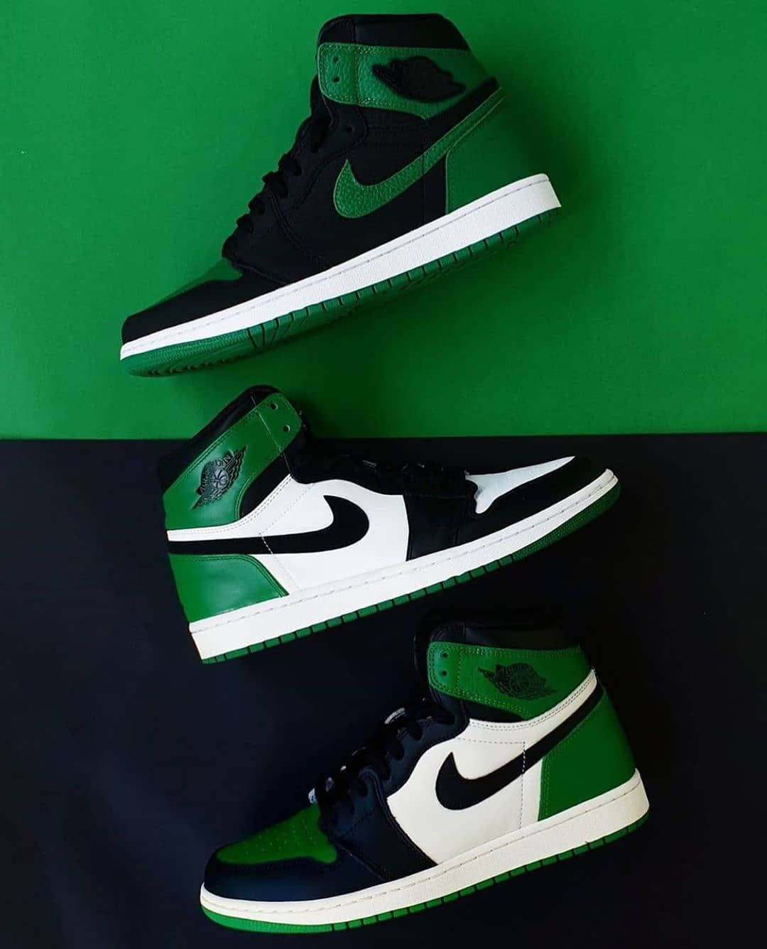 Two Pairs Of Air Jordan 1's Are Shown On A Green And Black Background Background