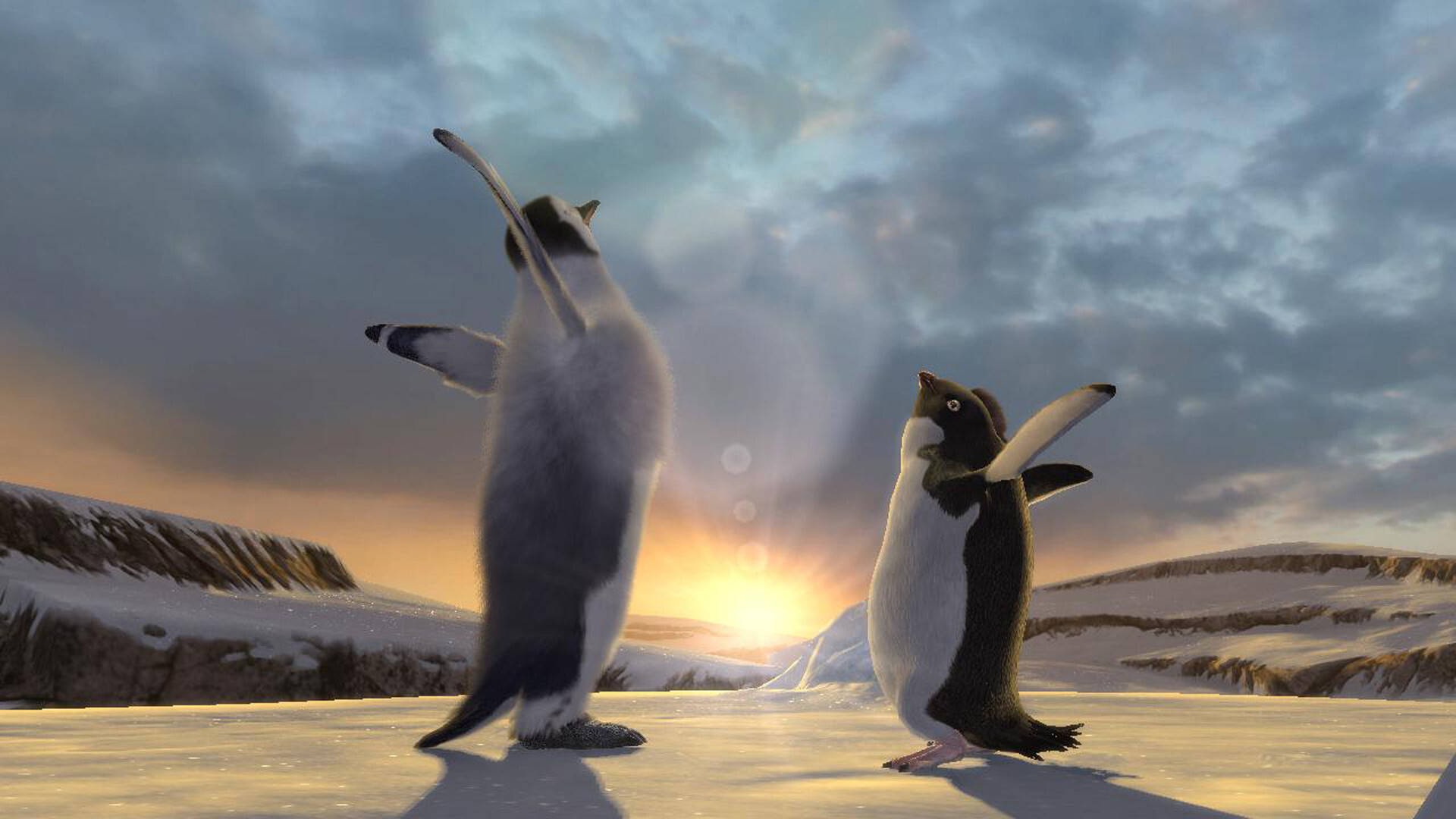 Two Penguins Are Standing On The Snow In The Background