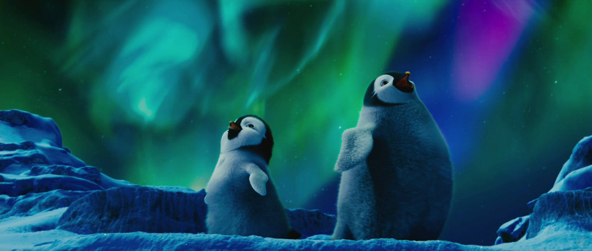 Two Penguins Standing In Front Of An Aurora Background