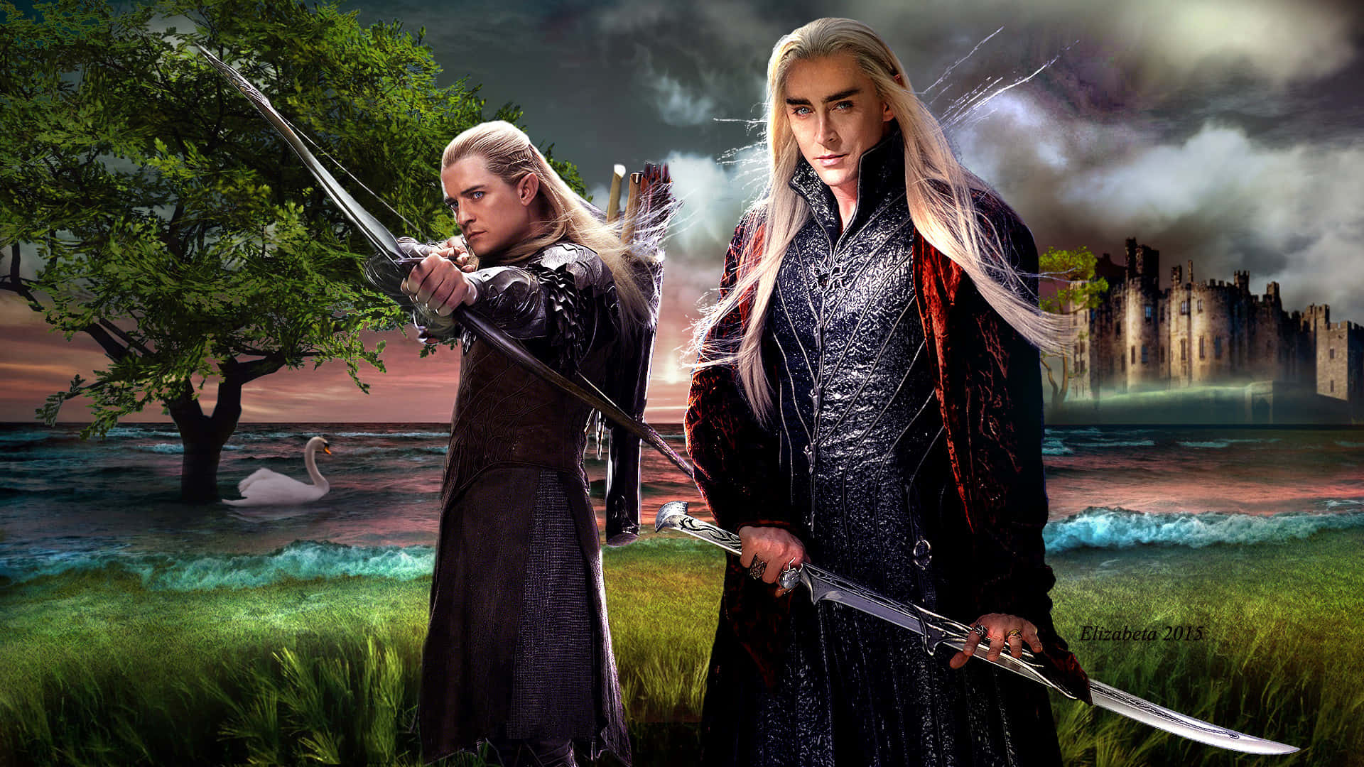 Two People Holding Swords In The Grass Background