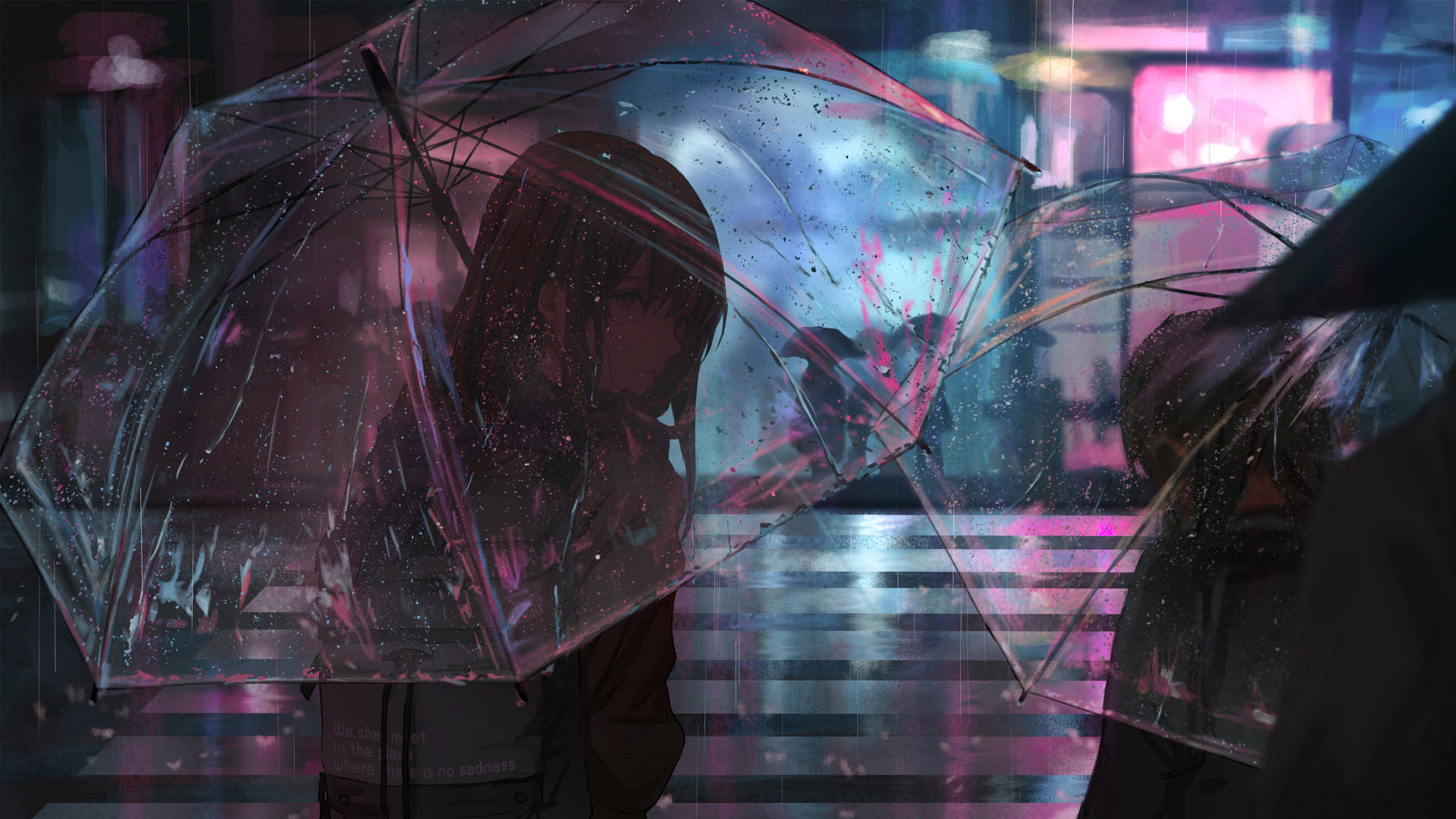 Two People Holding Umbrellas In The Rain Background