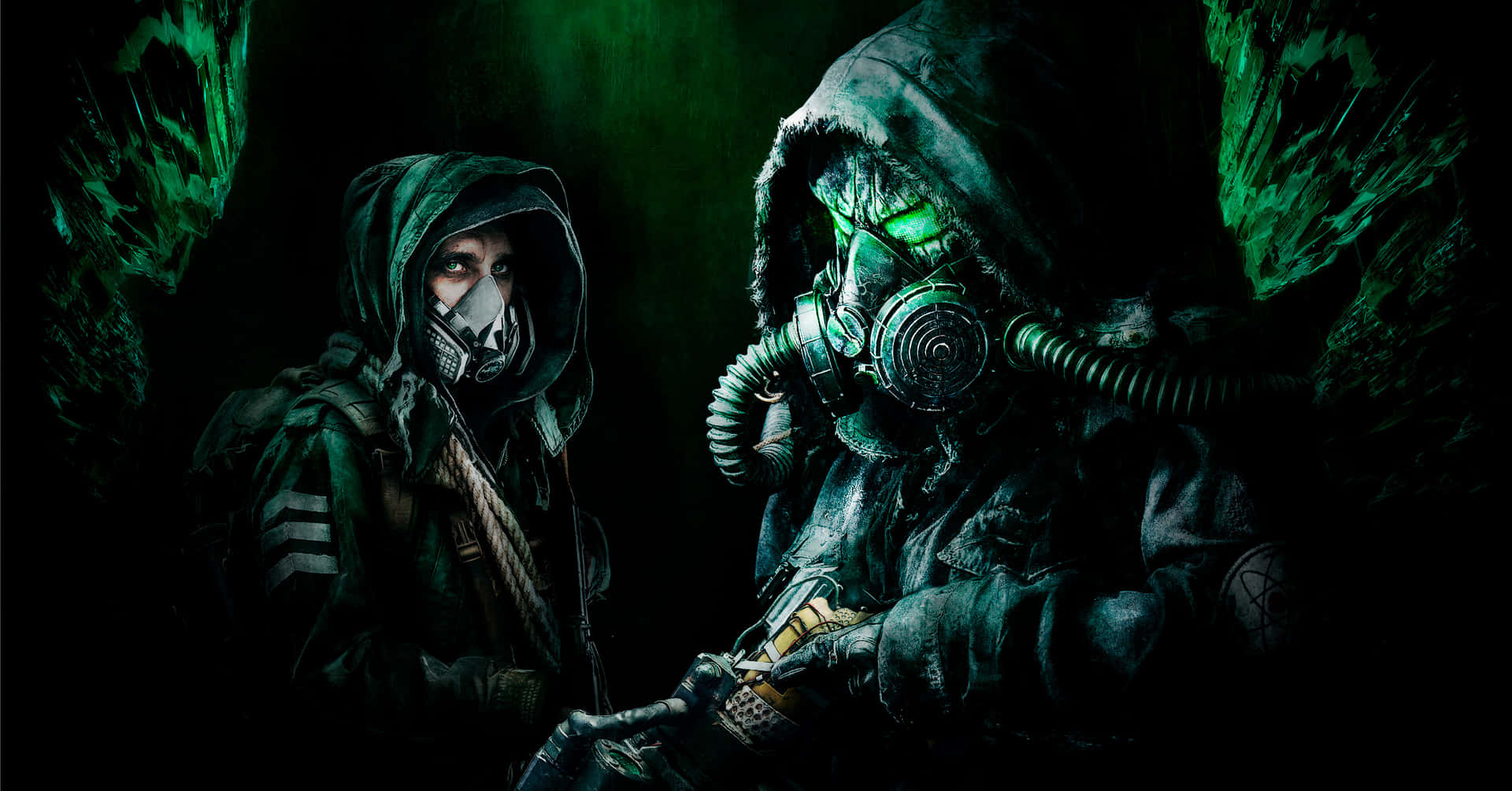 Two People In Gas Masks Standing Next To Each Other Background