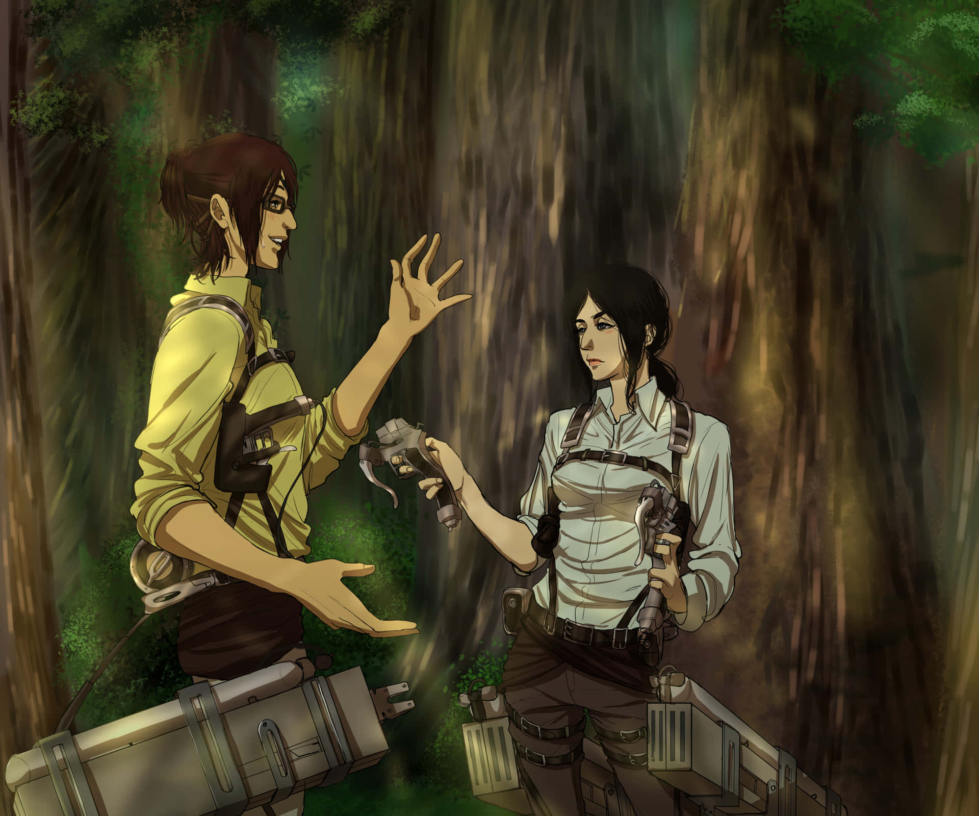 Two People In The Woods Talking To Each Other Background