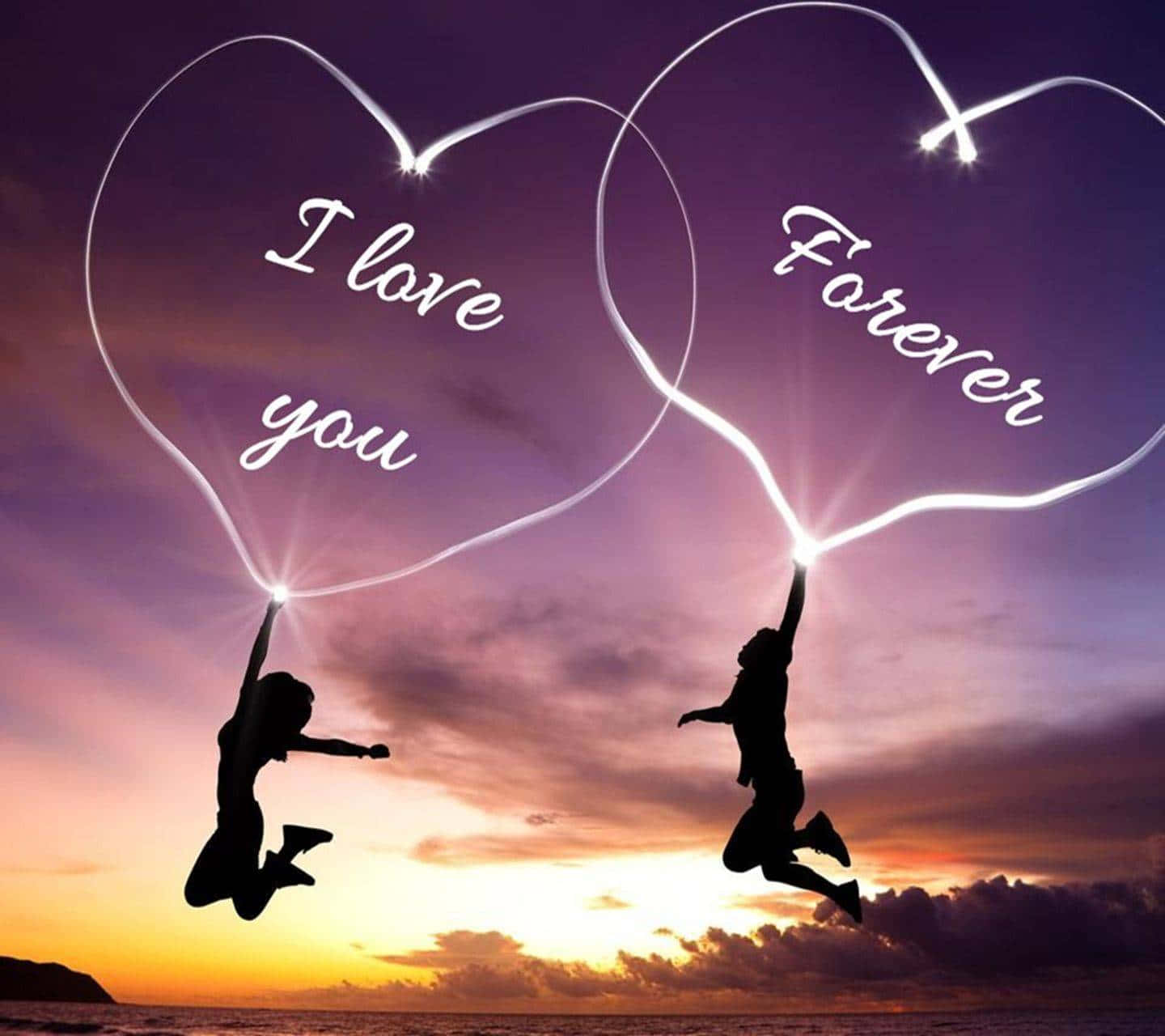 Two People Jumping In The Air With The Words I Love Forever You Background