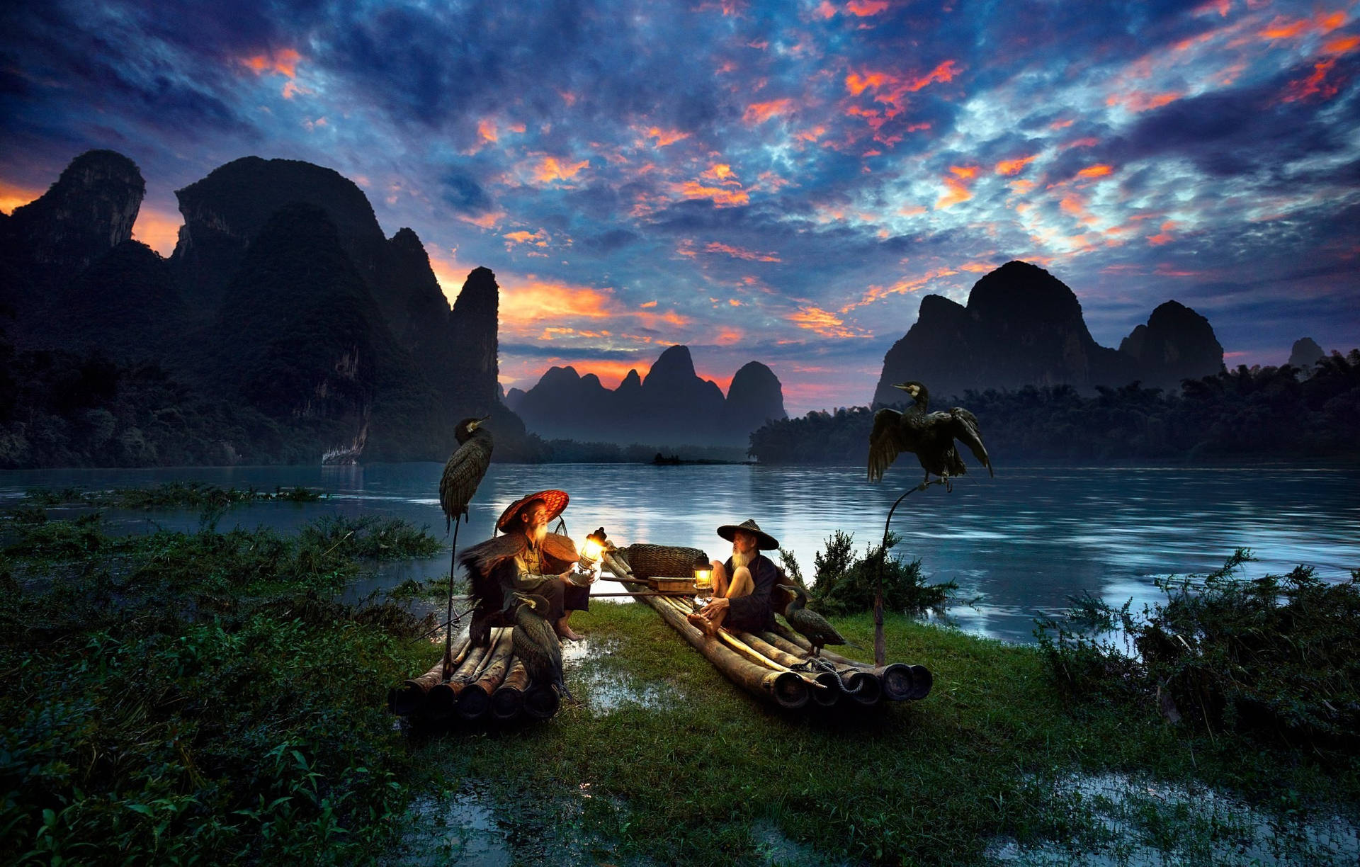 Two People On Boats With Birds In Nature Background