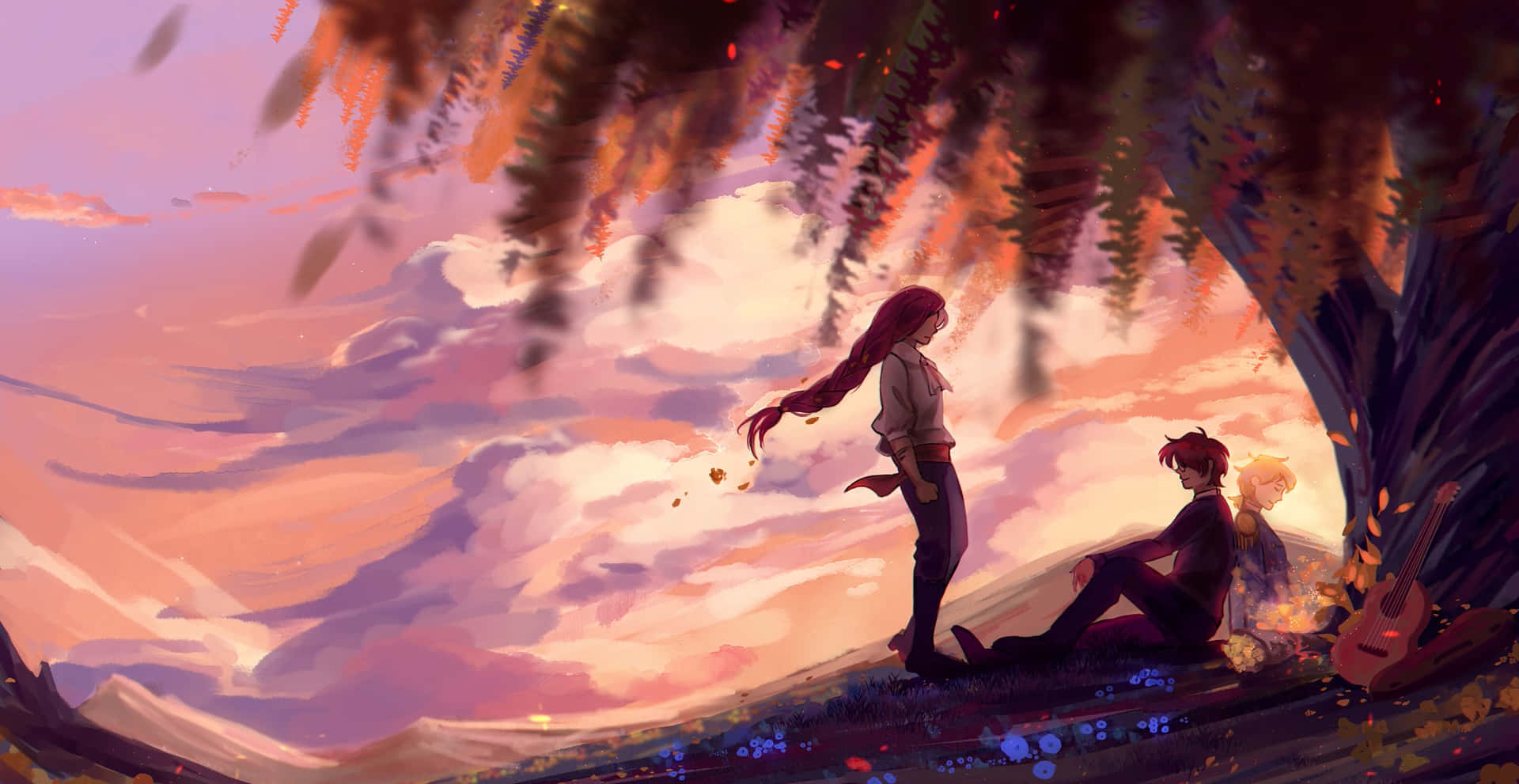 Two People Sitting Under A Tree In The Sunset Background
