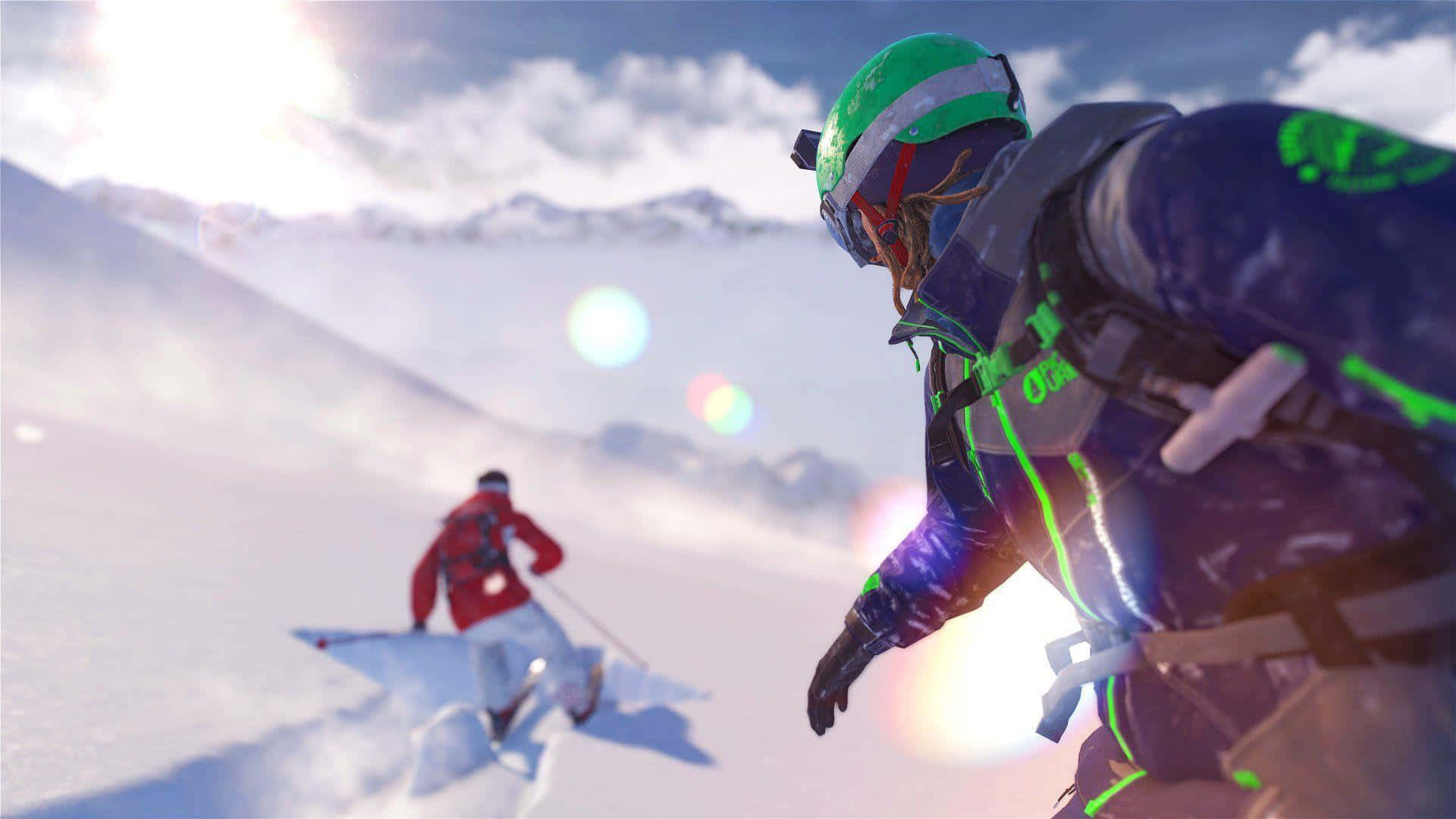 Two People Skiing In Steep Mountain Background