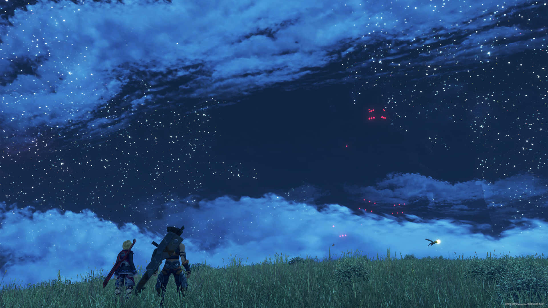 Two People Standing In A Field Under A Starry Sky