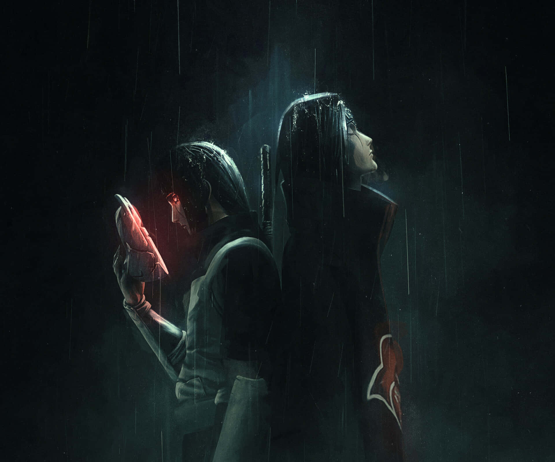 Two People Standing In The Rain With A Sword Background