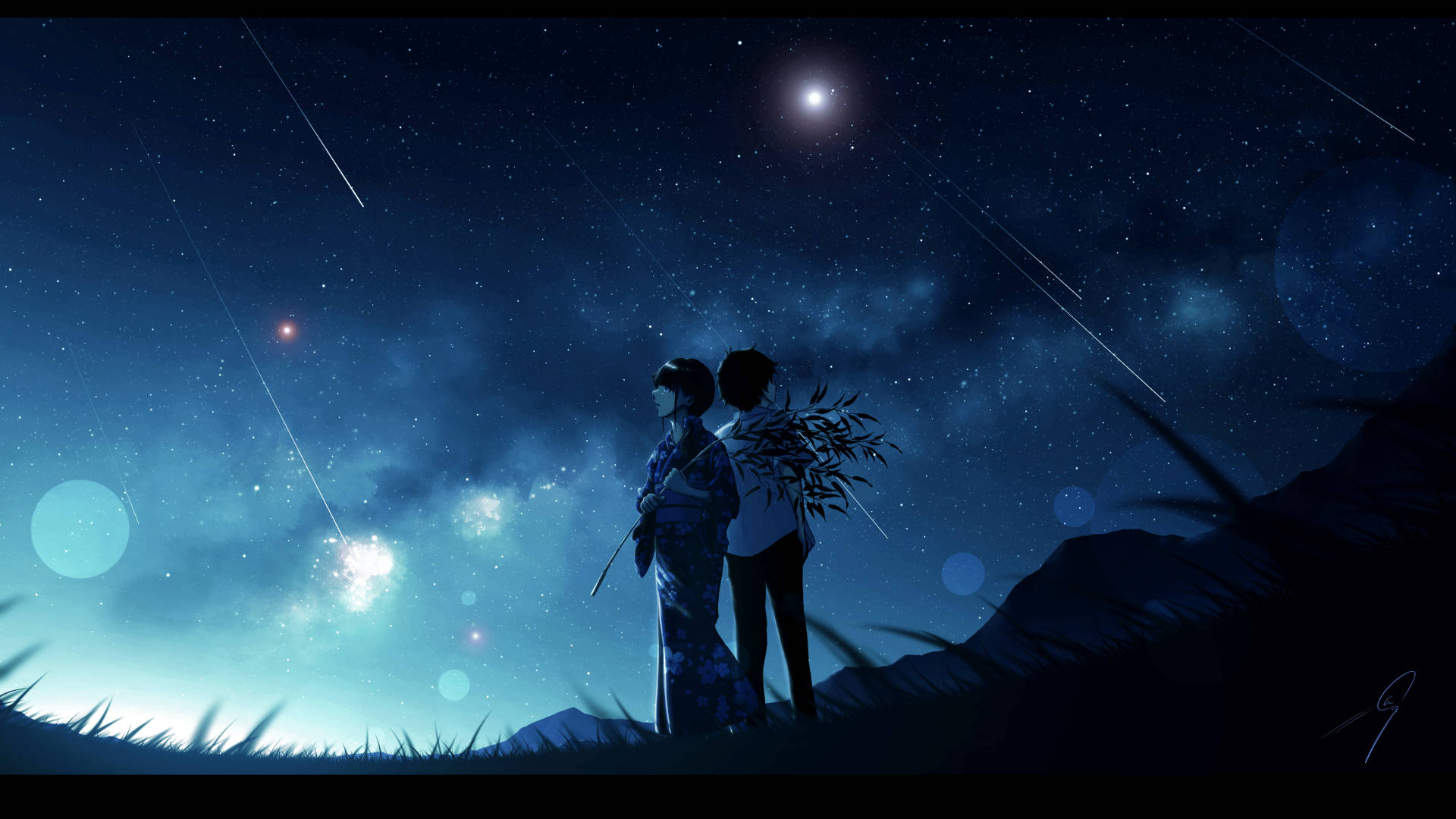 Two People Standing Under The Stars Background