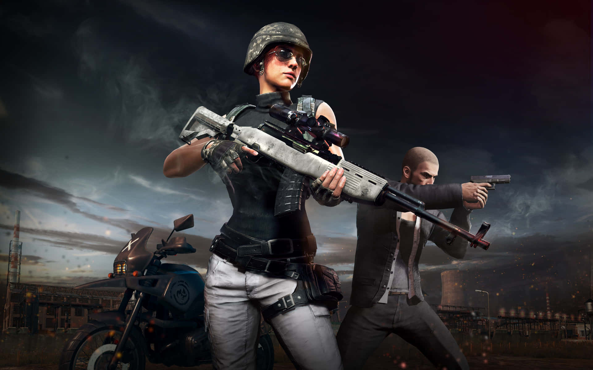 Two People With Guns In Front Of A Motorcycle Background