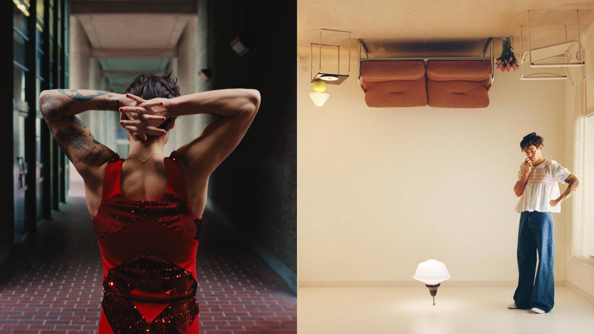 Two Pictures Of A Woman In A Room With A Lamp Background