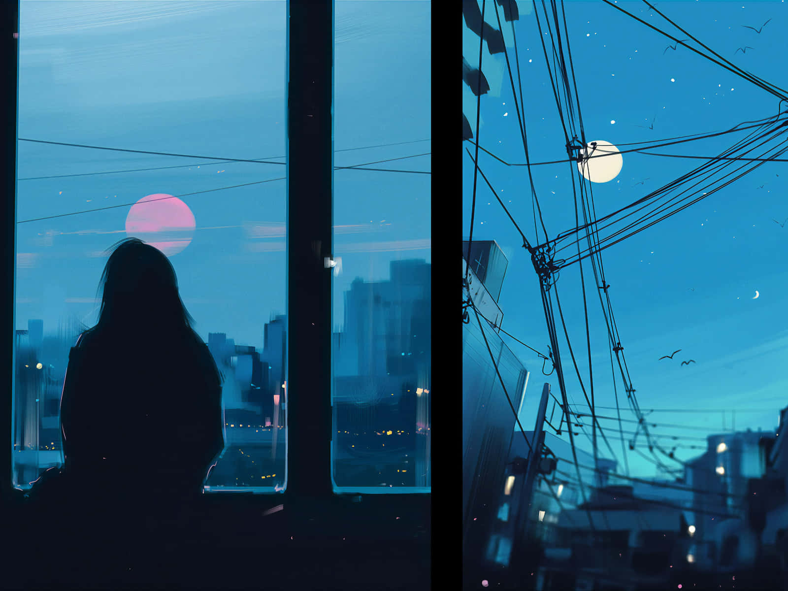 Two Pictures Of A Woman Looking Out Of A Window Background