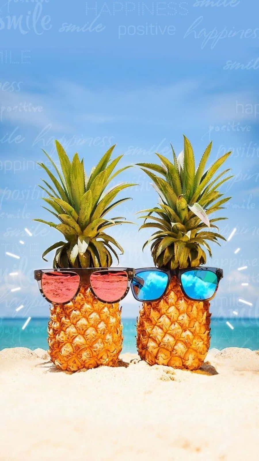 Two Pineapples Wearing Sunglasses On The Beach Background