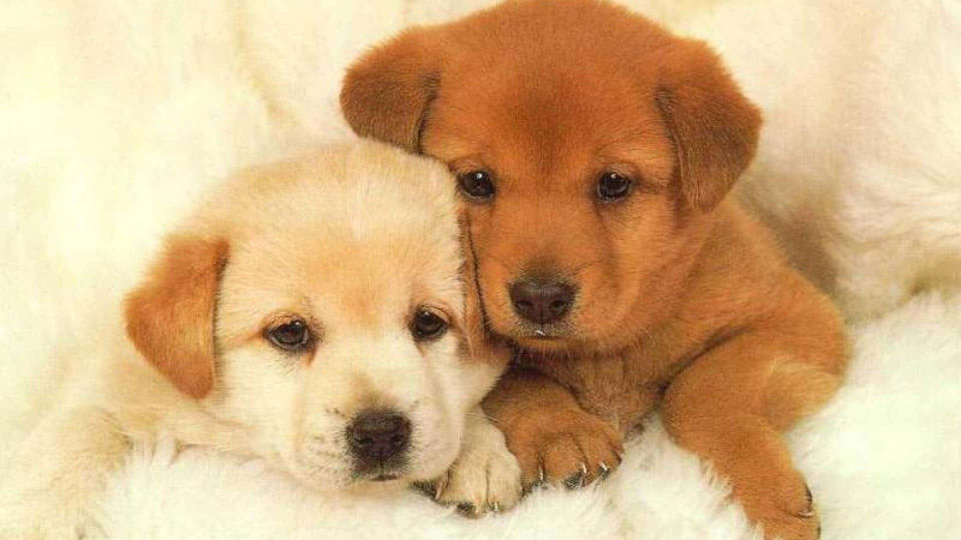 Two Pink Puppies Playing By Flowers Background