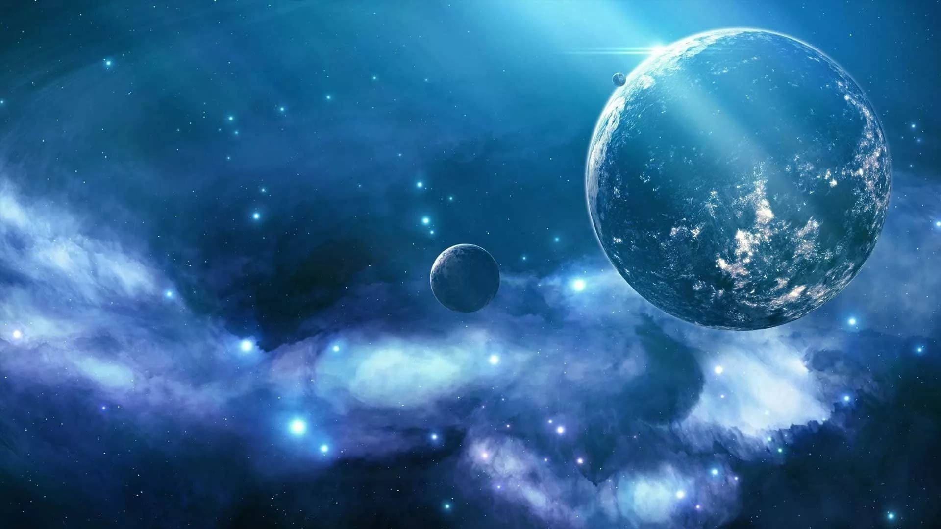 Two Planets In Blue Galaxy Background