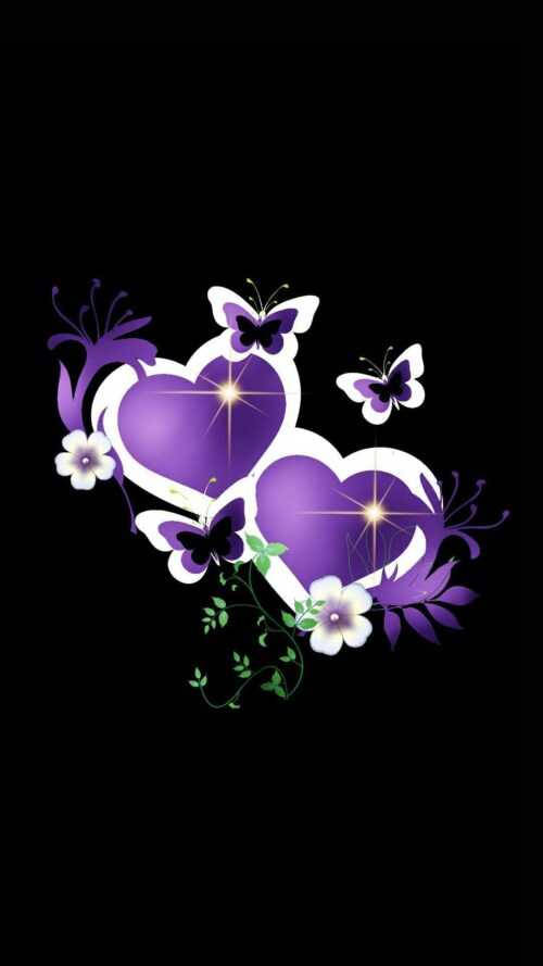 Two Purple Hearts, Butterflies, Flowers And Leaves Background