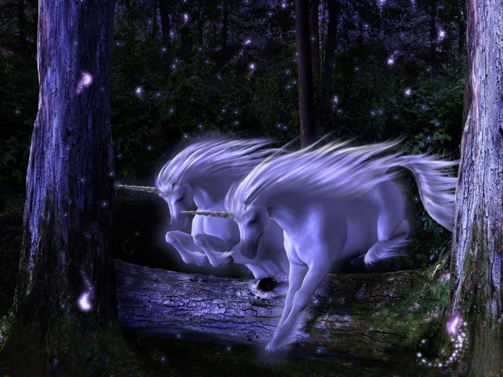 Two Purple Unicorn Running Forest