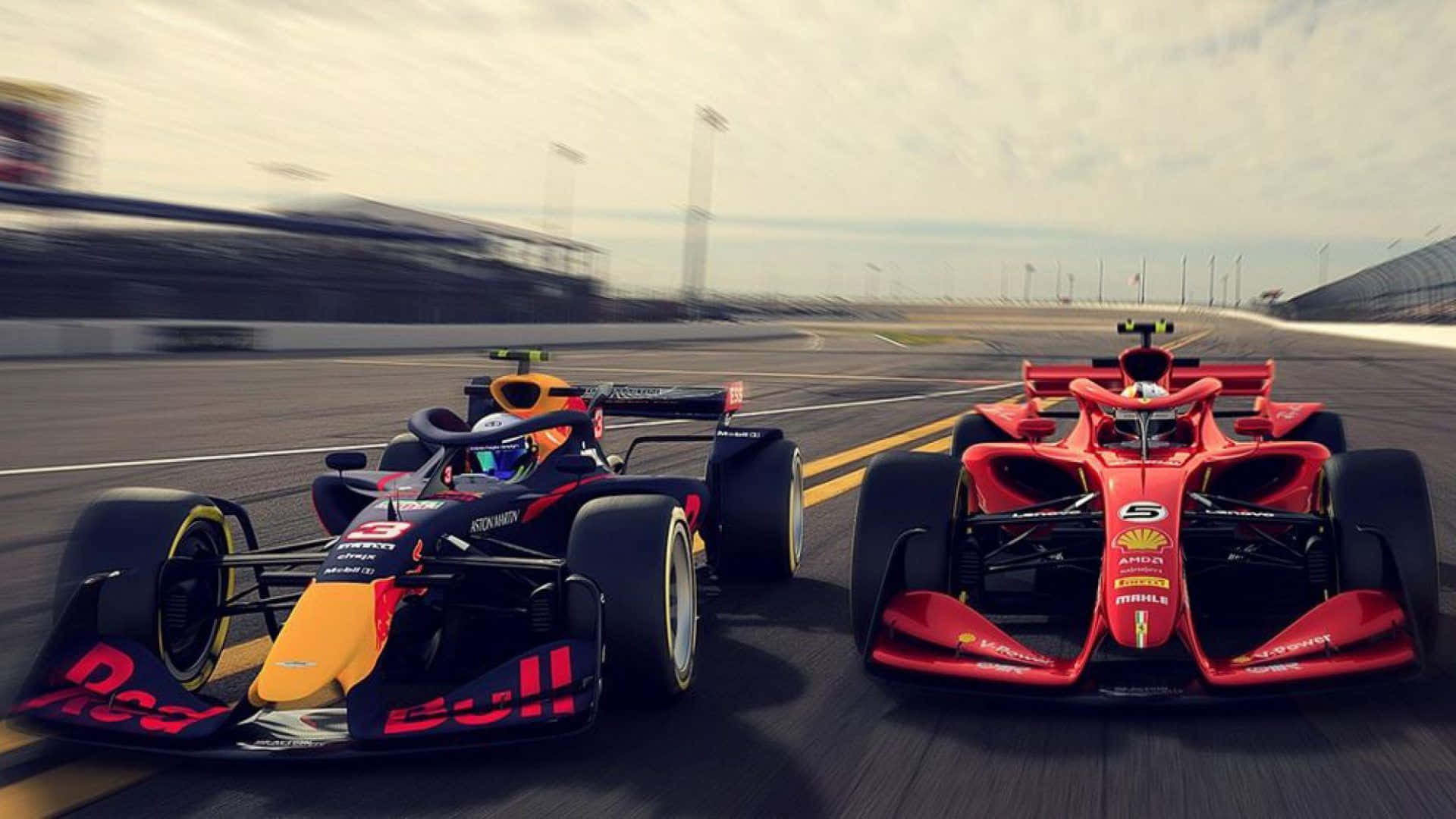 Two Red Bull Racing Cars On A Race Track Background