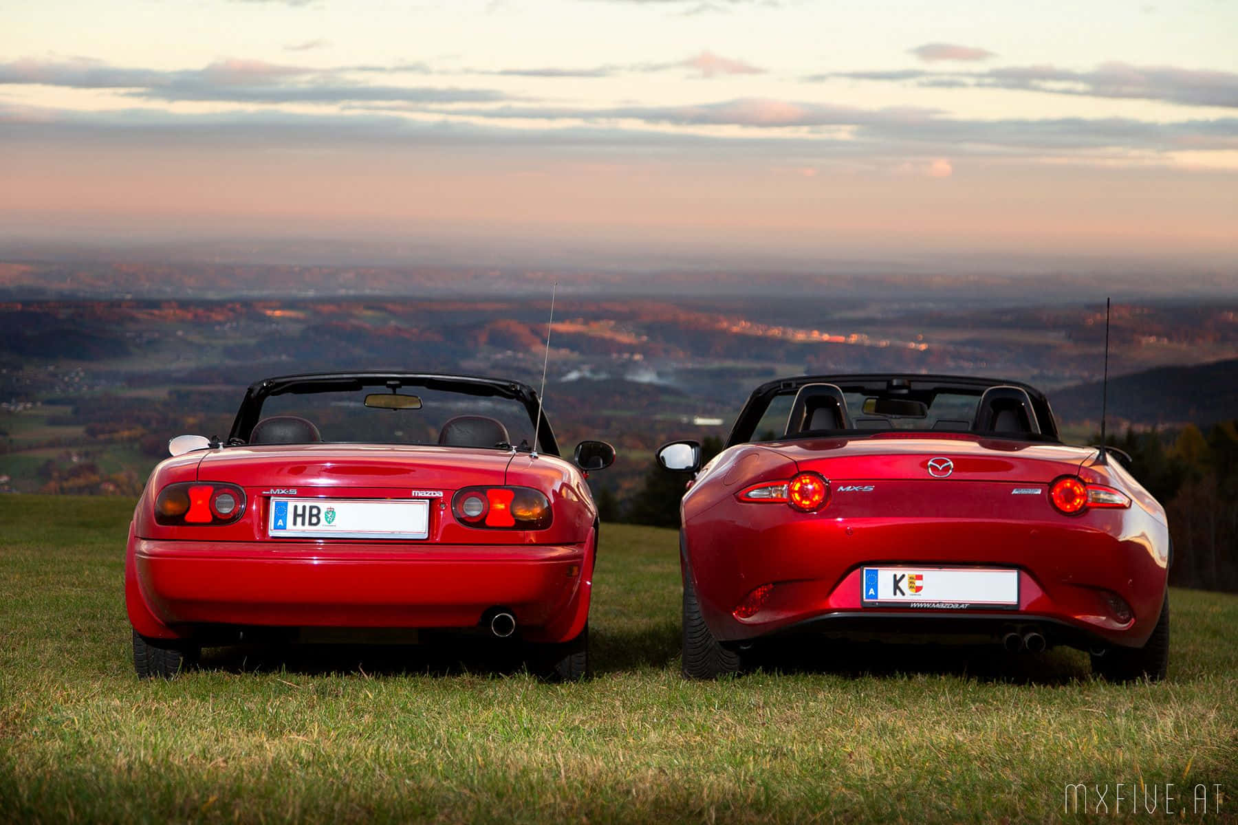 Two Red Sports Cars Parked On A Grassy Field