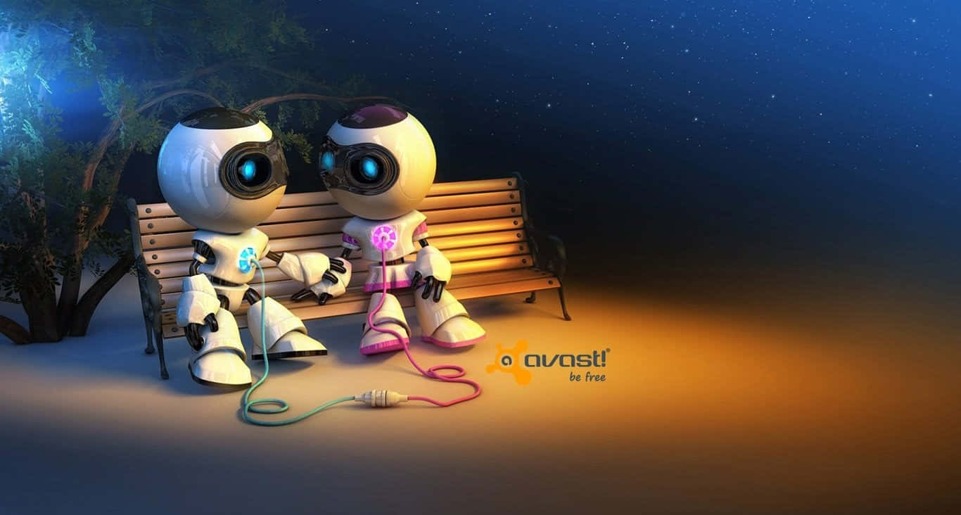 Two Robots Sitting On A Bench With A Light Behind Them Background