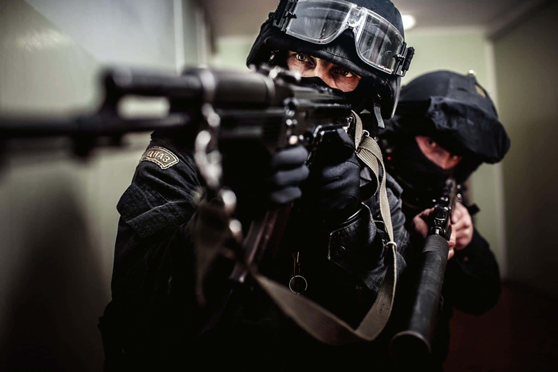 Two Scouts In A Hallway With Guns Background