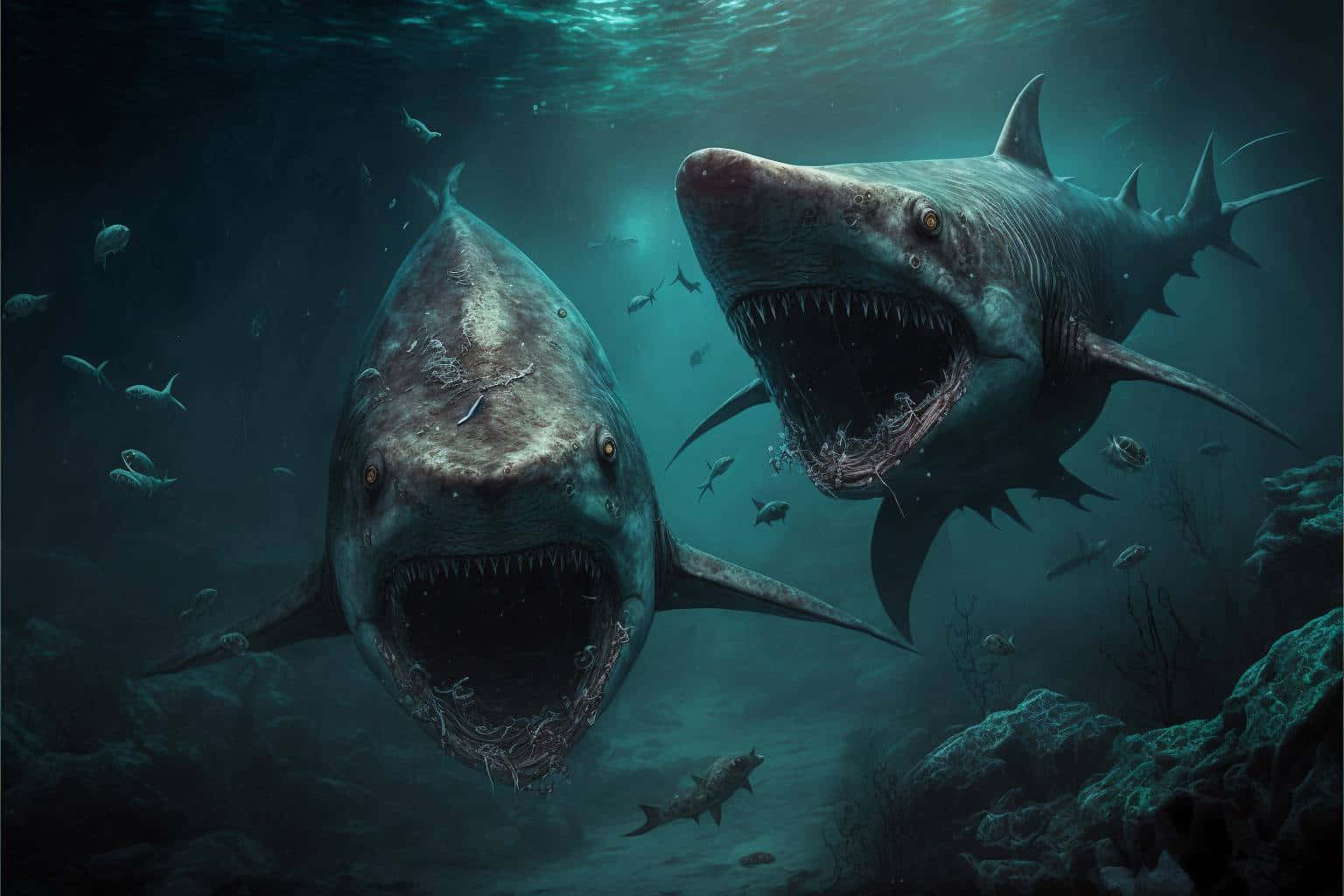 Two Sharks With Their Mouths Open In The Ocean Background