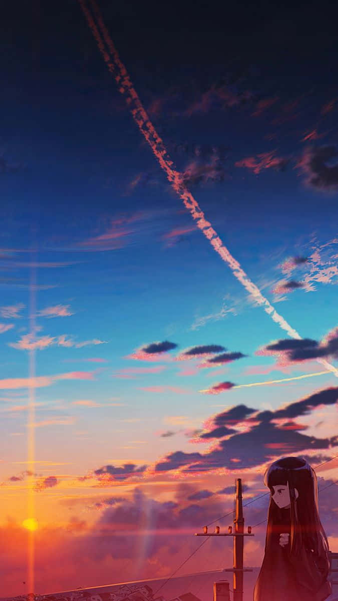 Two Silhouetted Figures, One Human, One Robot, Stargazing As The Sun Sets Over A Vast Anime Landscape. Background