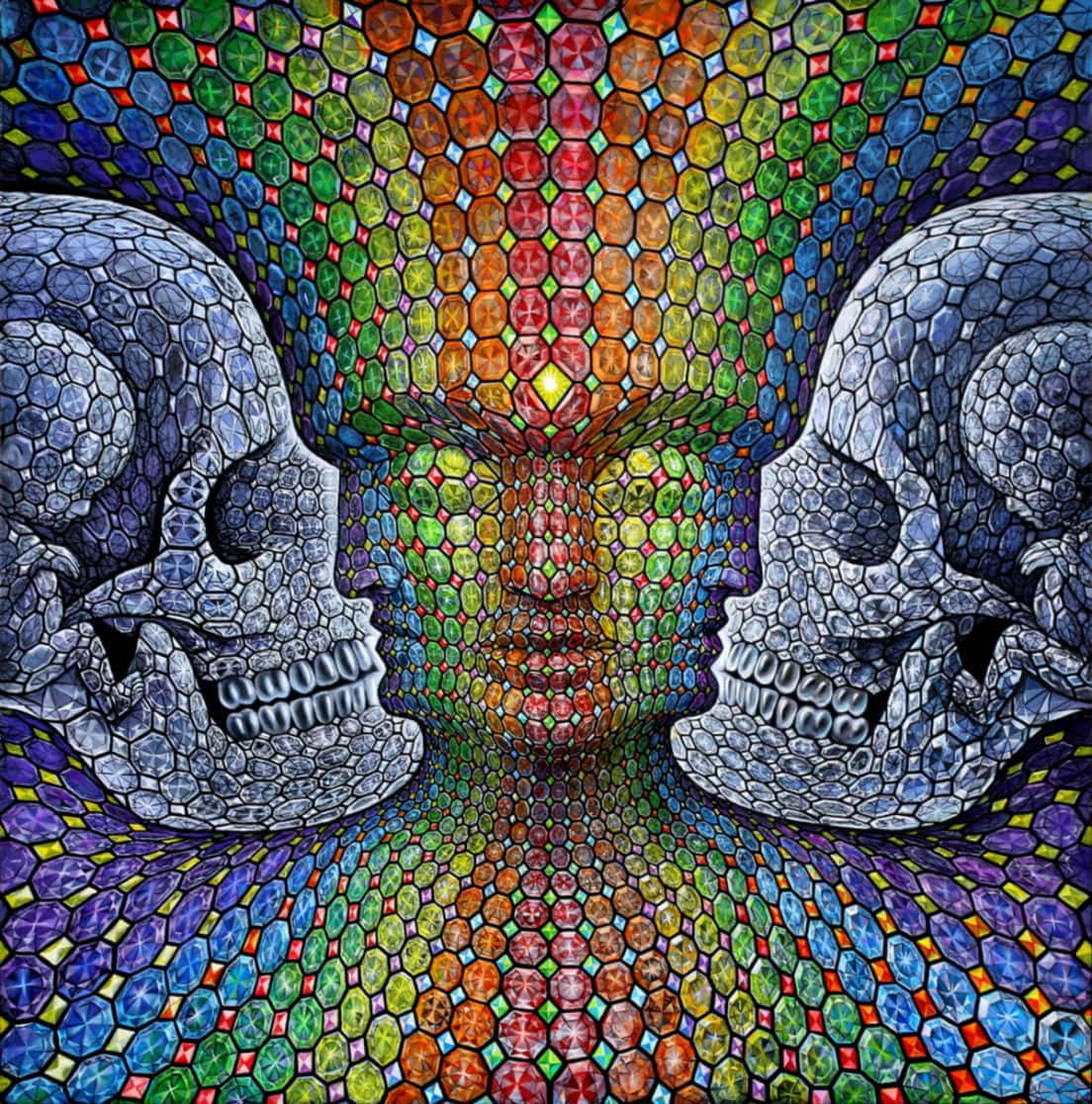 Two Skulls With Colorful Dots On Them Background