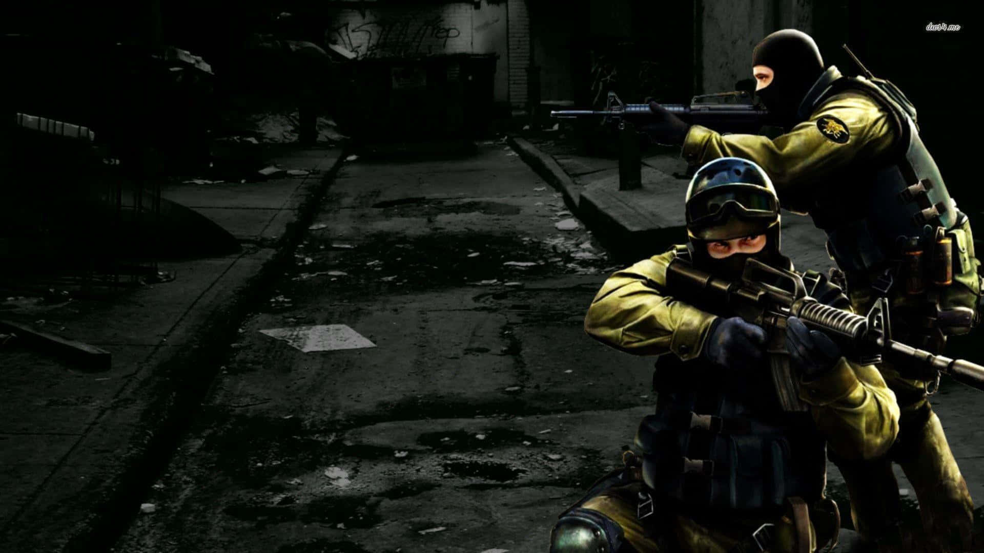 Two Soldiers In A Dark Street With Guns Background