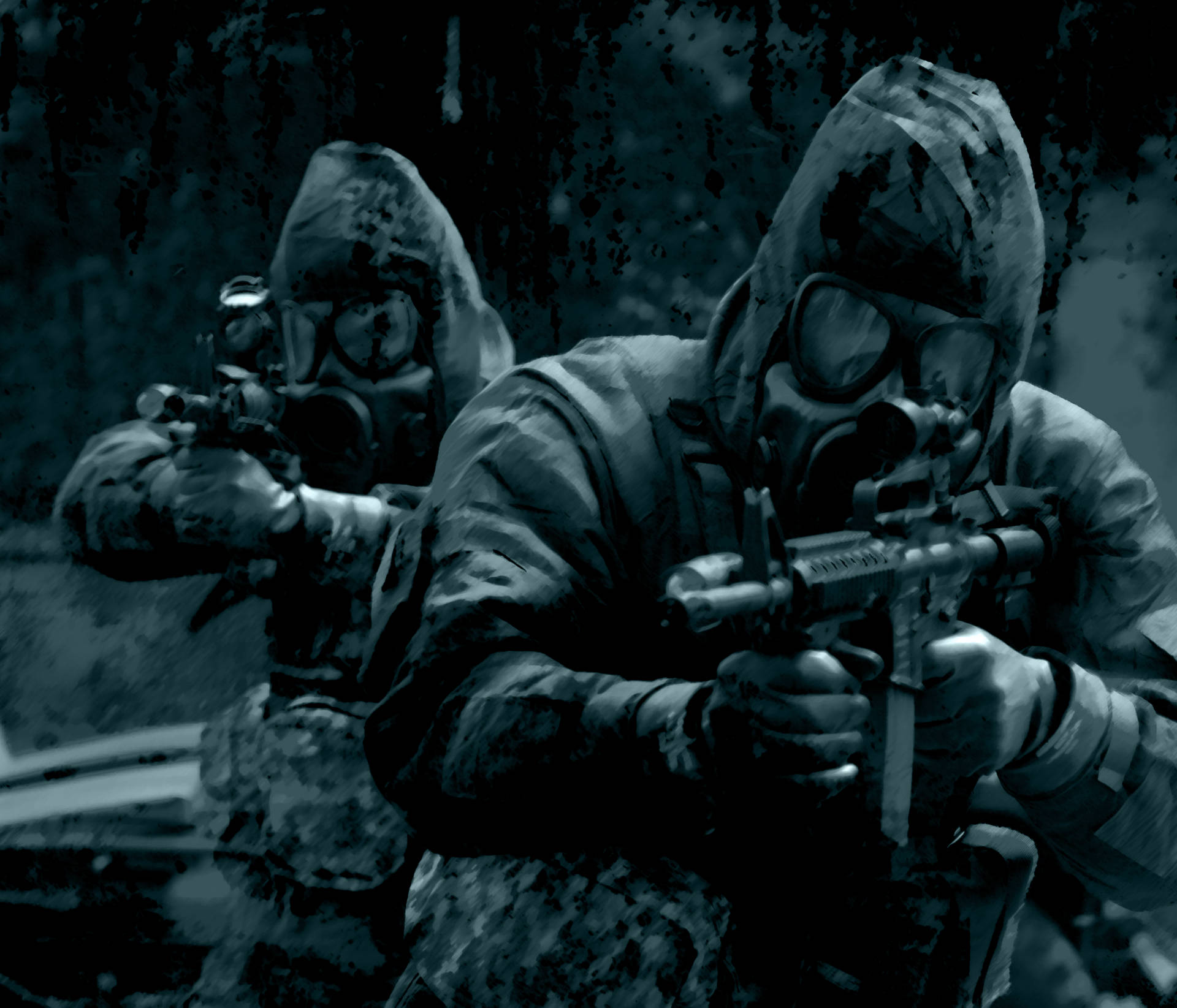 Two Soldiers In Gas Masks Holding Guns Background