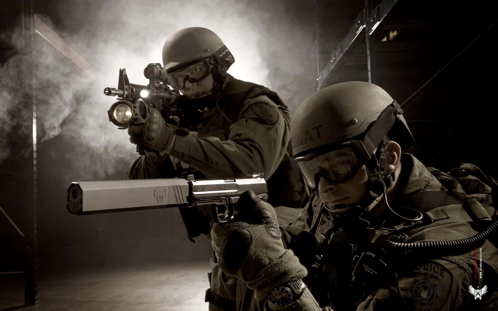 Two Soldiers In Uniform Are Holding Guns Background