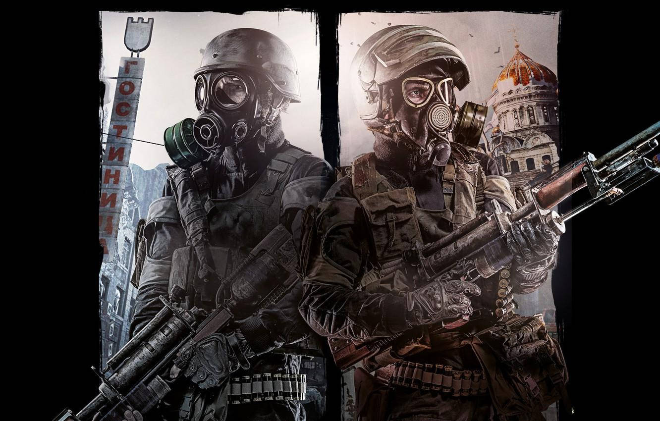 Two Soldiers With Gas Masks And Guns Background